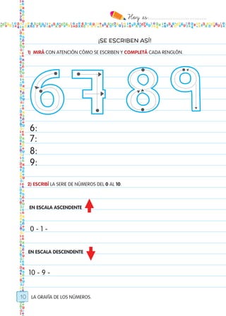 Hoy `es:..................................
10
¡SE ESCRIBEN ASÍ!
LA GRAFÍA DE LOS NÚMEROS.
1 2 53
86 0
1) MIRÁ CON ATENCIÓN CÓMO SE ESCRIBEN Y COMPLETÁ CADA RENGLÓN.
2) ESCRIBÍ LA SERIE DE NÚMEROS DEL 0 AL 10.
6:
8:
7:
9:
EN ESCALA ASCENDENTE
0 - 1 -
10 - 9 -
EN ESCALA DESCENDENTE
Todos los dias mate 1ro.indd 10 26/02/18 16:24
 