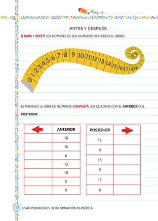 Hoy `es:..................................
13
1) MIRÁ Y REPETÍ LOS NOMBRES DE LOS NÚMEROS SIGUIENDO EL ORDEN.
2) MIRANDO LA SERIE DE NÚMEROS COMPLETÁ LOS CUADROS CON EL ANTERIOR O EL
POSTERIOR.
ANTES Y DESPUÉS
USAR PORTADORES DE INFORMACIÓN NUMÉRICA.
ANTERIOR
10
15
6
13
19
2
9
POSTERIOR
12
4
16
9
17
6
0
12
345 6 7 8 9 10 11 12 13 14 15 16 17 18 19
Todos los dias mate 1ro.indd 13 26/02/18 16:24
 