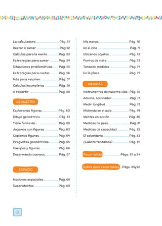 3
medidas
espacio
geometría
La calculadora ...............................Pág. 51
Restar o sumar............................... Pág.52
Cálculos para la mente............... Pág. 53
Estrategias para sumar............. Pág. 54
Situaciones problemáticas........ Pág. 55
Estrategias para restar............ Pág. 56
Más para resolver.........................Pág. 57
Cálculos incompletos .................. Pág. 58
A repartir ....................................... Pág. 59
Explorando figuras......................Pág. 60
Dibujo geométrico .........................Pág. 61
Tiene forma de… ......................... Pág. 62
Jugamos con figuras...................Pág. 63
Copiamos figuras .........................Pág. 64
Preguntas geométricas.............. Pág. 65
Cuerpos y figuras.........................Pág. 66
Desarmando cuerpos.................. Pág. 67
Nociones espaciales..................... Pág. 68
Superatentos.................................Pág. 69
Mis manos........................................ Pág. 70
En el cine........................................... Pág. 71
Ubicando objetos............................Pág. 72
Puntos de vista ..............................Pág. 73
Tomando medidas...........................Pág. 74
En la plaza .......................................Pág. 75
Instrumentos de nuestra vida...Pág. 76
Adivina, adivinador........................Pág. 77
Medir longitud.................................Pág. 78
Midiendo en el aula....................... Pág. 79
Mentes en acción..........................Pág. 80
Medidas de peso............................. Pág. 81
Medidas de capacidad................ Pág. 82
El calendario................................... Pág. 83
¿Cuánto tardamos?...................... Pág. 84
Recortables.........................Págs. 85 a 94
Sobre para recortables....Págs. 95y96
Todos los dias mate 1ro_indice 5.5.indd 3 27/02/18 10:58
 