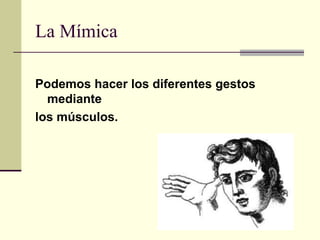La Mímica
Podemos hacer los diferentes gestos
mediante
los músculos.
 