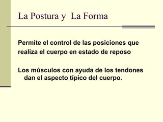 La Postura y La Forma
Permite el control de las posiciones que
realiza el cuerpo en estado de reposo
Los músculos con ayuda de los tendones
dan el aspecto típico del cuerpo.
 