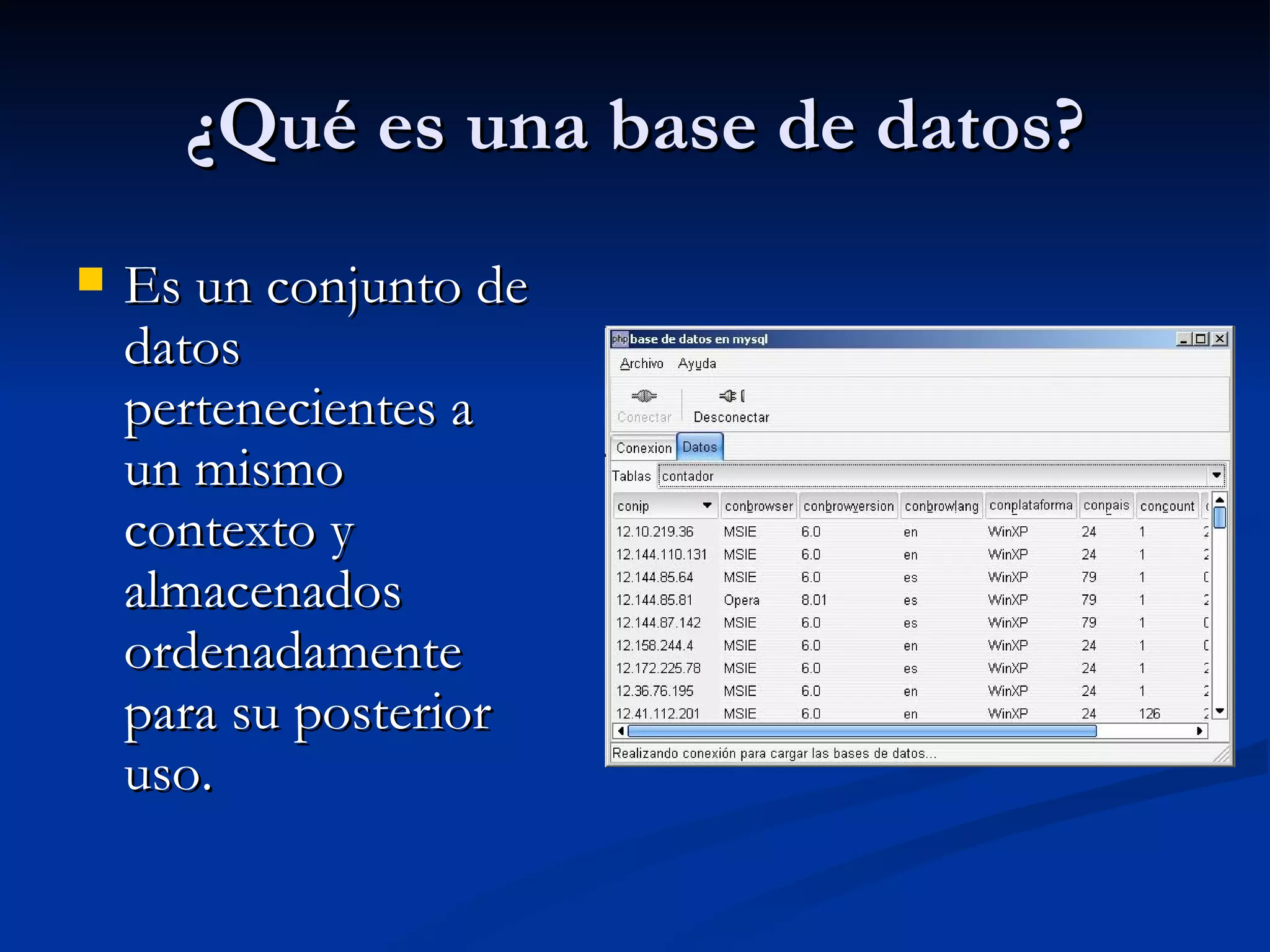 ¿Qué es una base de datos? Es un conjunto de datos pertenecientes a un mismo contexto y almacenados ordenadamente para su posterior uso. 