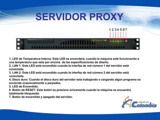 1. LED de Temperatura Interna: Este LED se encenderá, cuando la máquina esté funcionando a
una temperatura que esta por encima de las especificaciones de diseño.
2. LAN 1: Este LED está encendido cuando la interfaz de red número 1 del servidor está
conectada.
3. LAN 2: Este LED está encendido cuando la interfaz de red número 2 del servidor está
conectada.
4. Disco duro: Cuando el disco duro del servidor esta trabajando o cargando algún programa se
enciende ocasionalmente o parpadea.
5. LED de Encendido.
6. Botón de RESET: Este botón se presiona únicamente cuando la máquina se encuentra
totalmente bloqueada.
7. Botón de encendido y apagado del servidor.
SERVIDOR PROXY
 