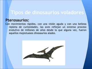 Pterosaurios:
Con movimientos rápidos, con una visión aguda y con una belleza
repleta de curiosidades, las aves reflejan un extenso proceso
evolutivo de millones de años desde lo que alguna vez, fueron
aquellos majestuosos dinosaurios alados.
Tipos de dinosaurios voladores
 