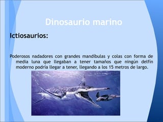 Ictiosaurios:
Poderosos nadadores con grandes mandíbulas y colas con forma de
media luna que llegaban a tener tamaños que ningún delfín
moderno podría llegar a tener, llegando a los 15 metros de largo.
Dinosaurio marino
 