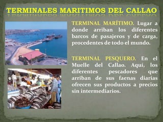 TERMINAL MARÍTIMO. Lugar a
donde arriban los diferentes
barcos de pasajeros y de carga,
procedentes de todo el mundo.
TERMINAL PESQUERO. En el
Muelle del Callao. Aquí, los
diferentes pescadores que
arriban de sus faenas diarias
ofrecen sus productos a precios
sin intermediarios.
TERMINALES MARITIMOS DEL CALLAO
 