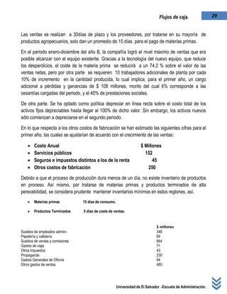 Universidad de El Salvador -Escuela de Administración.
29Flujos de caja.
Las ventas se realizan a 30días de plazo y los proveedores, por tratarse en su mayoría de
productos agropecuarios, solo dan un promedio de 15 días para el pago de materias primas.
En el periodo enero-diciembre del año B, la compañía logró el nivel máximo de ventas que era
posible alcanzar con el equipo existente. Gracias a la tecnología del nuevo equipo, que reduce
los desperdicios, el coste de la materia prima se reducirá a un 74.2 % sobre el valor de las
ventas netas, pero por otra parte se requieren 10 trabajadores adicionales de planta por cada
10% de incremento en la cantidad producida, lo cual implica, para el primer año, un cargo
adicional a pérdidas y ganancias de $ 108 millones, monto del cual 6% corresponde a las
cesantías cargadas del periodo, y el 40% de prestaciones sociales.
De otra parte. Se ha optado como política depreciar en línea recta sobre el costo total de los
activos fijos depreciables hasta llegar al 100% de dicho valor. Sin embargo, los activos nuevos
sólo comienzan a depreciarse en el segundo periodo.
En lo que respecta a los otros costos de fabricación se han estimado las siguientes cifras para el
primer año, las cuales se ajustarían de acuerdo con el crecimiento de las ventas:
 Costo Anual $ Millones
 Servicios públicos 152
 Seguros e impuestos distintos a los de la renta 45
 Otros costos de fabricación 250
Debido a que el proceso de producción dura menos de un día, no existe inventario de productos
en proceso. Así mismo, por tratarse de materias primas y productos terminados de alta
perecebilidad, se considera prudente mantener inventarios mínimos en estos reglones, así.
 Materias primas 15 días de consumo.
 Productos Terminados 5 días de coste de ventas.
$ millones
Sueldos de empleados admón. 348
Papelería y cafetería 69
Sueldos de ventas y comisiones 664
Gastos de viaje 71
Otros impuestos 43
Propaganda 230
Gastos Generales de Oficina 94
Otros gastos de ventas. 485
 