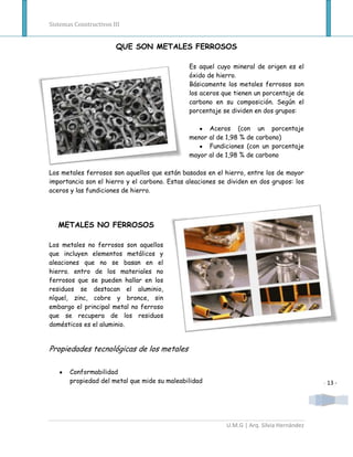Sistemas Constructivos III


                        QUE SON METALES FERROSOS

                                               Es aquel cuyo mineral de origen es el
                                               óxido de hierro.
                                               Básicamente los metales ferrosos son
                                               los aceros que tienen un porcentaje de
                                               carbono en su composición. Según el
                                               porcentaje se dividen en dos grupos:

                                                     Aceros (con un porcentaje
                                               menor al de 1,98 % de carbono)
                                                     Fundiciones (con un porcentaje
                                               mayor al de 1,98 % de carbono

Los metales ferrosos son aquellos que están basados en el hierro, entre los de mayor
importancia son el hierro y el carbono. Estas aleaciones se dividen en dos grupos: los
aceros y las fundiciones de hierro.




   METALES NO FERROSOS

Los metales no ferrosos son aquellos
que incluyen elementos metálicos y
aleaciones que no se basan en el
hierro. entro de los materiales no
ferrosos que se pueden hallar en los
residuos se destacan el aluminio,
níquel, zinc, cobre y bronce, sin
embargo el principal metal no ferroso
que se recupera de los residuos
domésticos es el aluminio.


Propiedades tecnológicas de los metales

       Conformabilidad
       propiedad del metal que mide su maleabilidad                                        - 13 -




                                                           U.M.G | Arq. Silvia Hernández
 