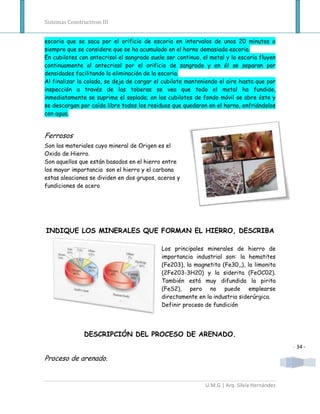 Sistemas Constructivos III


escoria que se saca por el orificio de escoria en intervalos de unos 20 minutos o
siempre que se considere que se ha acumulado en el horno demasiada escoria.
En cubilotes con antecrisol el sangrado suele ser continuo, el metal y la escoria fluyen
continuamente al antecrisol por el orificio de sangrado y en él se separan por
densidades facilitando la eliminación de la escoria.
Al finalizar la colada, se deja de cargar el cubilote manteniendo el aire hasta que por
inspección a través de las toberas se vea que todo el metal ha fundido,
inmediatamente se suprime el soplado; en los cubilotes de fondo móvil se abre éste y
se descargan por caída libre todos los residuos que quedaron en el horno, enfriándolos
con agua.


Ferrosos
Son los materiales cuyo mineral de Origen es el
Oxido de Hierro.
Son aquellos que están basados en el hierro entre
los mayor importancia son el hierro y el carbona
estas aleaciones se dividen en dos grupos, aceros y
fundiciones de acero




INDIQUE LOS MINERALES QUE FORMAN EL HIERRO, DESCRIBA

                                            Los principales minerales de hierro de
                                            importancia industrial son: la hematites
                                            (Fe203), la magnetita (Fe30,,), la limonita
                                            (2Fe203-3H20) y la siderita (FeOC02).
                                            También está muy difundida la pirita
                                            (FeS2), pero no puede emplearse
                                            directamente en la industria siderúrgica.
                                            Definir proceso de fundición




                DESCRIPCIÓN DEL PROCESO DE ARENADO.
                                                                                             - 34 -

Proceso de arenado.


                                                             U.M.G | Arq. Silvia Hernández
 