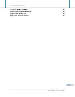 Sistemas Constructivos III


ZONA I O DE CARGA DE MATERIALES                                     - 39 -
ZONA II O DE SALIDA DE GASES RESIDUALES.-                           - 39 -
ZONA III O DE DESHIDRATACIÓN                                        - 39 -
ZONA IV, O DE REDUCCIÓN INDIRECTA                                   - 39 -




                                                                             V




                                            U.M.G | Arq. Silvia Hernández
 