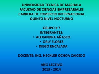 UNIVERSIDAD TECNICA DE MACHALA
FACULTAD DE CIENCIAS EMPRESARIALES
CARRERA DE COMERCIO INTERNACIONAL
QUINTO NIVEL NOCTURNO
GRUPO # 7
INTEGRANTES:
• ALEXANDRA AÑASCO
• ORLY FLORES
• DIEGO ENCALADA
DOCENTE: ING. HECKLER OCHOA CAICEDO
AÑO LECTIVO
2013 - 2014
 