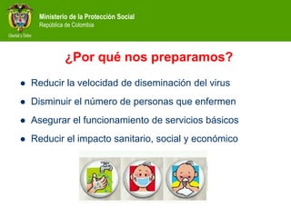 Ministerio de la Protección Social
República de Colombia
¿Por qué nos preparamos?
 Reducir la velocidad de diseminación del virus
 Disminuir el número de personas que enfermen
 Asegurar el funcionamiento de servicios básicos
 Reducir el impacto sanitario, social y económico
 