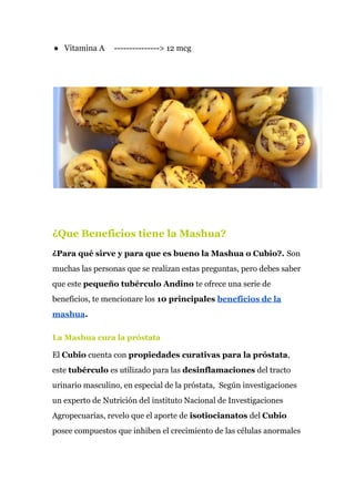 ● Vitamina A ---------------> 12 mcg
¿Que Beneficios tiene la Mashua?
¿Para qué sirve y para que es bueno la Mashua o Cubio?. ​Son
muchas las personas que se realizan estas preguntas, pero debes saber
que este ​pequeño tubérculo Andino​ te ofrece una serie de
beneficios, te mencionare los​ 10 principales ​beneficios de la
mashua​.
La Mashua cura la próstata
El ​Cubio​ cuenta con ​propiedades curativas para la próstata​,
este ​tubérculo​ es utilizado para las ​desinflamaciones​ del tracto
urinario masculino, en especial de la próstata, Según investigaciones
un experto de Nutrición del instituto Nacional de Investigaciones
Agropecuarias, revelo que el aporte de ​isotiocianatos​ del ​Cubio
posee compuestos que inhiben el crecimiento de las células anormales
 