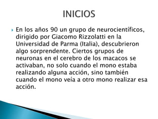  En los años 90 un grupo de neurocientíficos,
dirigido por Giacomo Rizzolatti en la
Universidad de Parma (Italia), descubrieron
algo sorprendente. Ciertos grupos de
neuronas en el cerebro de los macacos se
activaban, no solo cuando el mono estaba
realizando alguna acción, sino también
cuando el mono veía a otro mono realizar esa
acción.
 