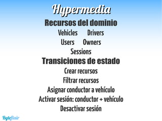 HypermediaHypermedia
Recursos del dominio
Vehicles Drivers
Users Owners
Sessions
Transiciones de estado
Crearrecursos
Filtrarrecursos
Asignarconductoravehículo
Activarsesión:conductor+vehículo
Desactivarsesión
Byteflair
 