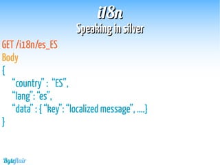 SpeakinginsilverSpeakinginsilver
i18ni18n
GET /i18n/es_ES
Body
{
“country” : “ES”,
“lang”: “es”,
“data” : { “key”: “localized message”, ….}
}
Byteflair
 