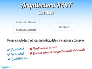 Servidor
Mensajes autodescriptivos: semántica, datos, metadatos y contexto
Cliente2:Cliente
Cliente1:Cliente
 Visibilidad
 Fiabilidad
 Escalabilidad
 Rendimiento de red
 Control sobre el comportamiento del cliente
Byteflair
Arquitectura RESTArquitectura REST
SinestadoSinestado
 