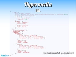 HypermediaHypermedia
Como proveedor,minimiza el número
de cosas que debes saber de antemano
sobre un API
Byteflair
 