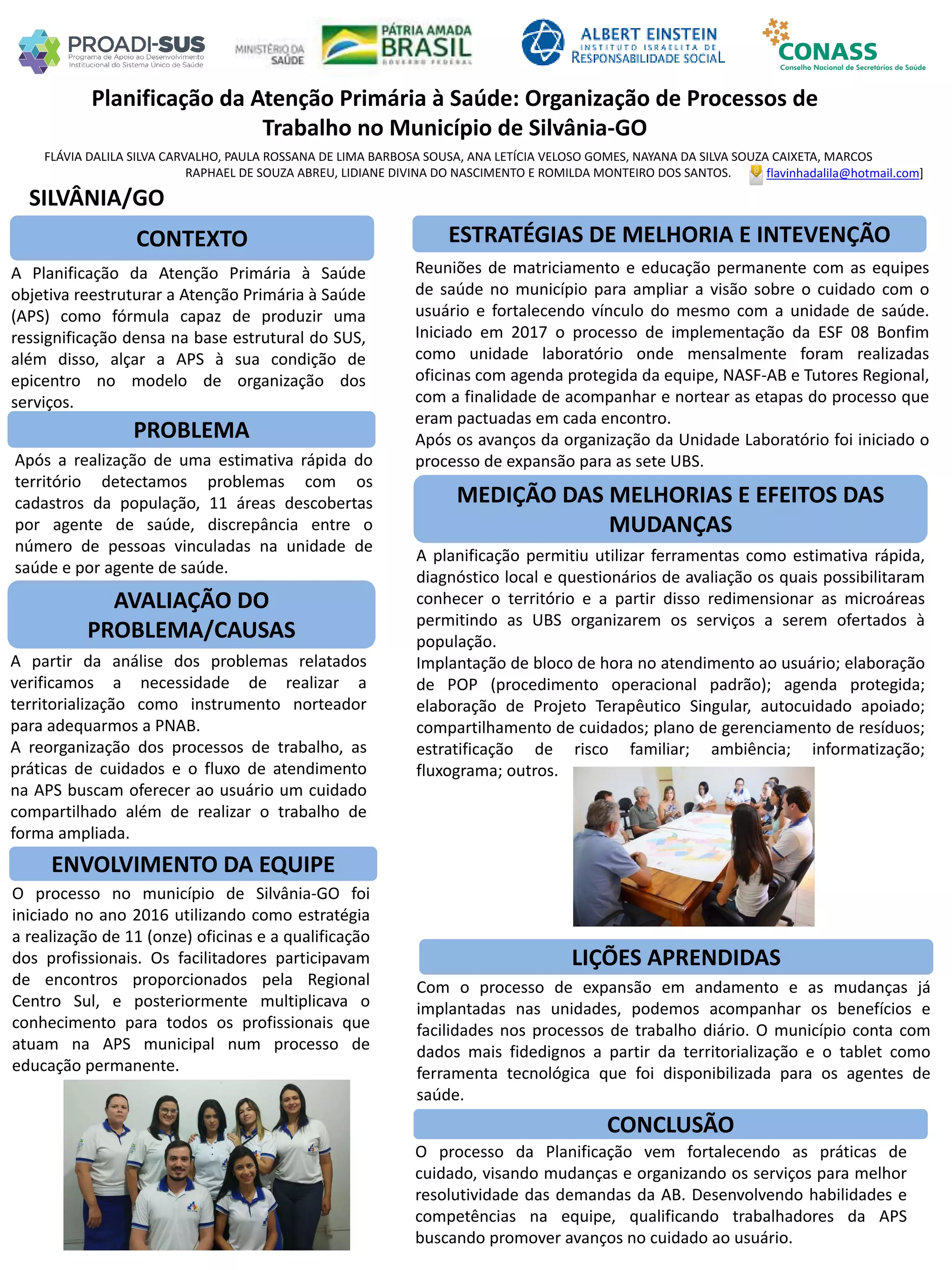 FLÁVIA DALILA SILVA CARVALHO, PAULA ROSSANA DE LIMA BARBOSA SOUSA, ANA LETÍCIA VELOSO GOMES, NAYANA DA SILVA SOUZA CAIXETA, MARCOS
RAPHAEL DE SOUZA ABREU, LIDIANE DIVINA DO NASCIMENTO E ROMILDA MONTEIRO DOS SANTOS.
Planificação da Atenção Primária à Saúde: Organização de Processos de
Trabalho no Município de Silvânia-GO
PROBLEMA
ESTRATÉGIAS DE MELHORIA E INTEVENÇÃO
CONCLUSÃO
flavinhadalila@hotmail.com]
SILVÂNIA/GO
CONTEXTO
AVALIAÇÃO DO
PROBLEMA/CAUSAS
ENVOLVIMENTO DA EQUIPE
MEDIÇÃO DAS MELHORIAS E EFEITOS DAS
MUDANÇAS
LIÇÕES APRENDIDAS
Após a realização de uma estimativa rápida do
território detectamos problemas com os
cadastros da população, 11 áreas descobertas
por agente de saúde, discrepância entre o
número de pessoas vinculadas na unidade de
saúde e por agente de saúde.
O processo da Planificação vem fortalecendo as práticas de
cuidado, visando mudanças e organizando os serviços para melhor
resolutividade das demandas da AB. Desenvolvendo habilidades e
competências na equipe, qualificando trabalhadores da APS
buscando promover avanços no cuidado ao usuário.
Com o processo de expansão em andamento e as mudanças já
implantadas nas unidades, podemos acompanhar os benefícios e
facilidades nos processos de trabalho diário. O município conta com
dados mais fidedignos a partir da territorialização e o tablet como
ferramenta tecnológica que foi disponibilizada para os agentes de
saúde.
A partir da análise dos problemas relatados
verificamos a necessidade de realizar a
territorialização como instrumento norteador
para adequarmos a PNAB.
A reorganização dos processos de trabalho, as
práticas de cuidados e o fluxo de atendimento
na APS buscam oferecer ao usuário um cuidado
compartilhado além de realizar o trabalho de
forma ampliada.
A planificação permitiu utilizar ferramentas como estimativa rápida,
diagnóstico local e questionários de avaliação os quais possibilitaram
conhecer o território e a partir disso redimensionar as microáreas
permitindo as UBS organizarem os serviços a serem ofertados à
população.
Implantação de bloco de hora no atendimento ao usuário; elaboração
de POP (procedimento operacional padrão); agenda protegida;
elaboração de Projeto Terapêutico Singular, autocuidado apoiado;
compartilhamento de cuidados; plano de gerenciamento de resíduos;
estratificação de risco familiar; ambiência; informatização;
fluxograma; outros.
A Planificação da Atenção Primária à Saúde
objetiva reestruturar a Atenção Primária à Saúde
(APS) como fórmula capaz de produzir uma
ressignificação densa na base estrutural do SUS,
além disso, alçar a APS à sua condição de
epicentro no modelo de organização dos
serviços.
O processo no município de Silvânia-GO foi
iniciado no ano 2016 utilizando como estratégia
a realização de 11 (onze) oficinas e a qualificação
dos profissionais. Os facilitadores participavam
de encontros proporcionados pela Regional
Centro Sul, e posteriormente multiplicava o
conhecimento para todos os profissionais que
atuam na APS municipal num processo de
educação permanente.
Reuniões de matriciamento e educação permanente com as equipes
de saúde no município para ampliar a visão sobre o cuidado com o
usuário e fortalecendo vínculo do mesmo com a unidade de saúde.
Iniciado em 2017 o processo de implementação da ESF 08 Bonfim
como unidade laboratório onde mensalmente foram realizadas
oficinas com agenda protegida da equipe, NASF-AB e Tutores Regional,
com a finalidade de acompanhar e nortear as etapas do processo que
eram pactuadas em cada encontro.
Após os avanços da organização da Unidade Laboratório foi iniciado o
processo de expansão para as sete UBS.
 