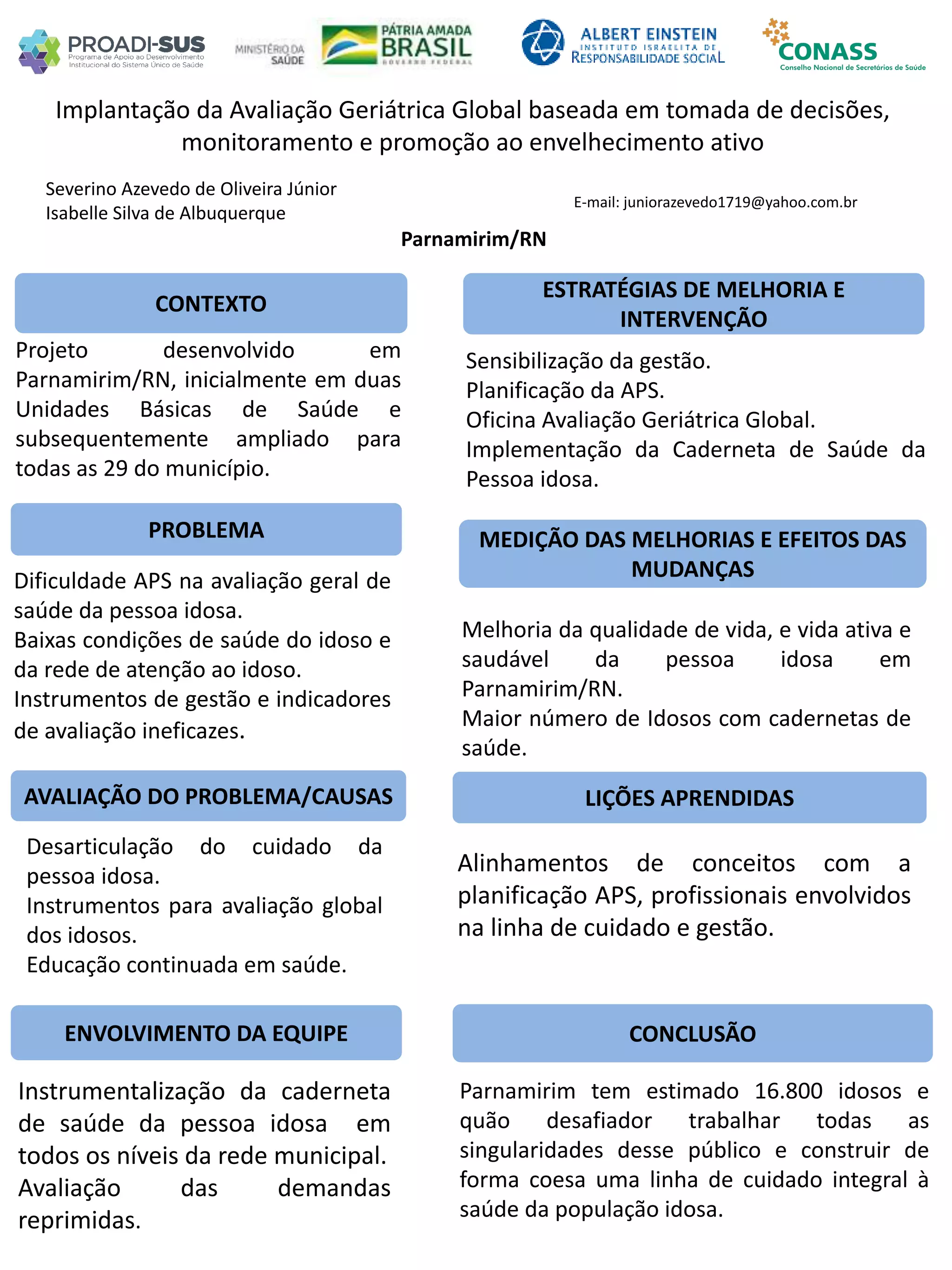 Severino Azevedo de Oliveira Júnior
Isabelle Silva de Albuquerque
Implantação da Avaliação Geriátrica Global baseada em tomada de decisões,
monitoramento e promoção ao envelhecimento ativo
PROBLEMA
ESTRATÉGIAS DE MELHORIA E
INTERVENÇÃO
CONCLUSÃO
E-mail: juniorazevedo1719@yahoo.com.br
Parnamirim/RN
CONTEXTO
AVALIAÇÃO DO PROBLEMA/CAUSAS
ENVOLVIMENTO DA EQUIPE
MEDIÇÃO DAS MELHORIAS E EFEITOS DAS
MUDANÇAS
LIÇÕES APRENDIDAS
Projeto desenvolvido em
Parnamirim/RN, inicialmente em duas
Unidades Básicas de Saúde e
subsequentemente ampliado para
todas as 29 do município.
Dificuldade APS na avaliação geral de
saúde da pessoa idosa.
Baixas condições de saúde do idoso e
da rede de atenção ao idoso.
Instrumentos de gestão e indicadores
de avaliação ineficazes.
Sensibilização da gestão.
Planificação da APS.
Oficina Avaliação Geriátrica Global.
Implementação da Caderneta de Saúde da
Pessoa idosa.
Desarticulação do cuidado da
pessoa idosa.
Instrumentos para avaliação global
dos idosos.
Educação continuada em saúde.
Melhoria da qualidade de vida, e vida ativa e
saudável da pessoa idosa em
Parnamirim/RN.
Maior número de Idosos com cadernetas de
saúde.
Alinhamentos de conceitos com a
planificação APS, profissionais envolvidos
na linha de cuidado e gestão.
Instrumentalização da caderneta
de saúde da pessoa idosa em
todos os níveis da rede municipal.
Avaliação das demandas
reprimidas.
Parnamirim tem estimado 16.800 idosos e
quão desafiador trabalhar todas as
singularidades desse público e construir de
forma coesa uma linha de cuidado integral à
saúde da população idosa.
 