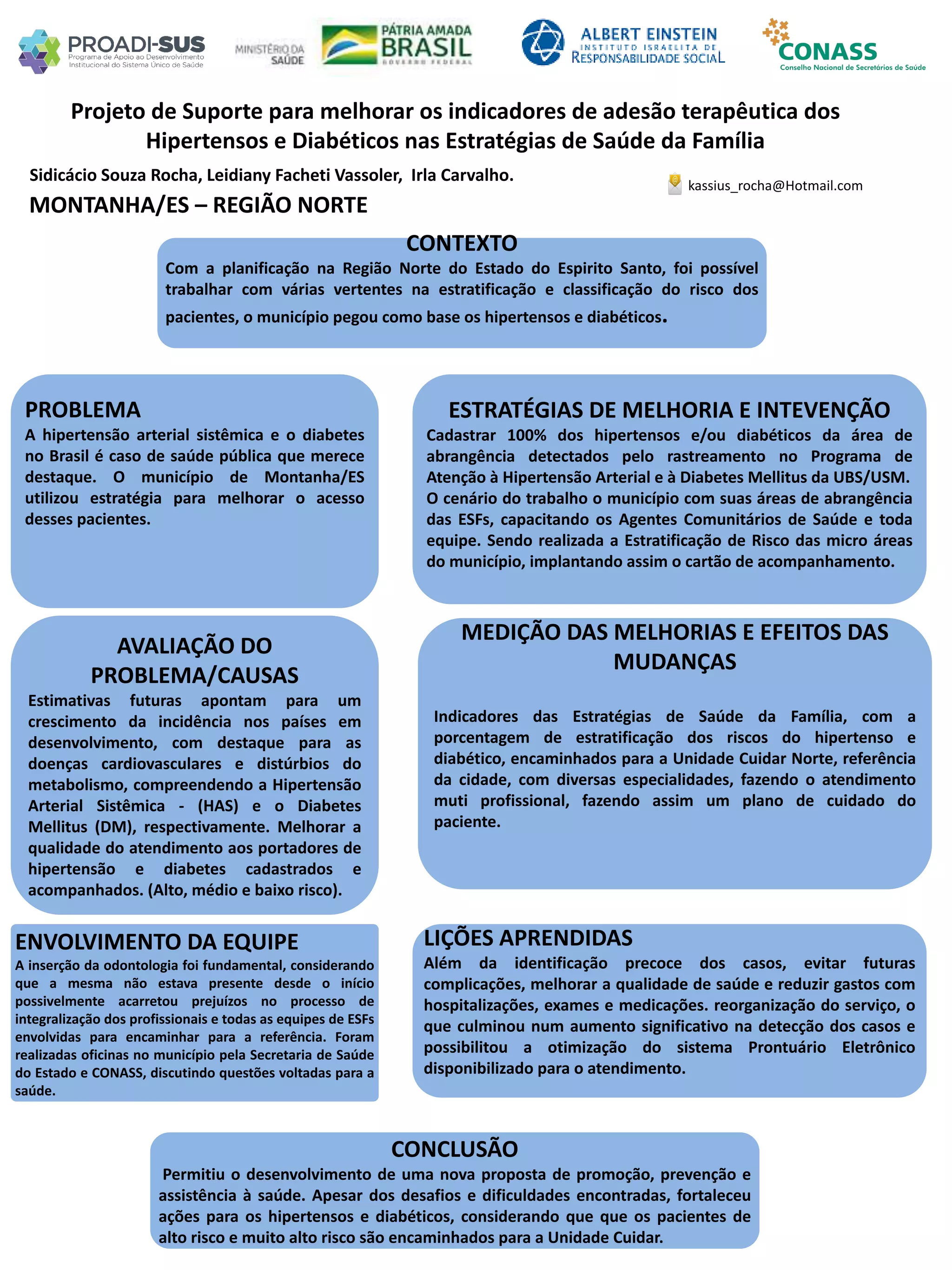 Sidicácio Souza Rocha, Leidiany Facheti Vassoler, Irla Carvalho.
Projeto de Suporte para melhorar os indicadores de adesão terapêutica dos
Hipertensos e Diabéticos nas Estratégias de Saúde da Família
PROBLEMA
A hipertensão arterial sistêmica e o diabetes
no Brasil é caso de saúde pública que merece
destaque. O município de Montanha/ES
utilizou estratégia para melhorar o acesso
desses pacientes.
ESTRATÉGIAS DE MELHORIA E INTEVENÇÃO
Cadastrar 100% dos hipertensos e/ou diabéticos da área de
abrangência detectados pelo rastreamento no Programa de
Atenção à Hipertensão Arterial e à Diabetes Mellitus da UBS/USM.
O cenário do trabalho o município com suas áreas de abrangência
das ESFs, capacitando os Agentes Comunitários de Saúde e toda
equipe. Sendo realizada a Estratificação de Risco das micro áreas
do município, implantando assim o cartão de acompanhamento.
CONCLUSÃO
Permitiu o desenvolvimento de uma nova proposta de promoção, prevenção e
assistência à saúde. Apesar dos desafios e dificuldades encontradas, fortaleceu
ações para os hipertensos e diabéticos, considerando que que os pacientes de
alto risco e muito alto risco são encaminhados para a Unidade Cuidar.
kassius_rocha@Hotmail.com
MONTANHA/ES – REGIÃO NORTE
CONTEXTO
Com a planificação na Região Norte do Estado do Espirito Santo, foi possível
trabalhar com várias vertentes na estratificação e classificação do risco dos
pacientes, o município pegou como base os hipertensos e diabéticos.
AVALIAÇÃO DO
PROBLEMA/CAUSAS
Estimativas futuras apontam para um
crescimento da incidência nos países em
desenvolvimento, com destaque para as
doenças cardiovasculares e distúrbios do
metabolismo, compreendendo a Hipertensão
Arterial Sistêmica - (HAS) e o Diabetes
Mellitus (DM), respectivamente. Melhorar a
qualidade do atendimento aos portadores de
hipertensão e diabetes cadastrados e
acompanhados. (Alto, médio e baixo risco).
ENVOLVIMENTO DA EQUIPE
A inserção da odontologia foi fundamental, considerando
que a mesma não estava presente desde o início
possivelmente acarretou prejuízos no processo de
integralização dos profissionais e todas as equipes de ESFs
envolvidas para encaminhar para a referência. Foram
realizadas oficinas no município pela Secretaria de Saúde
do Estado e CONASS, discutindo questões voltadas para a
saúde.
MEDIÇÃO DAS MELHORIAS E EFEITOS DAS
MUDANÇAS
Indicadores das Estratégias de Saúde da Família, com a
porcentagem de estratificação dos riscos do hipertenso e
diabético, encaminhados para a Unidade Cuidar Norte, referência
da cidade, com diversas especialidades, fazendo o atendimento
muti profissional, fazendo assim um plano de cuidado do
paciente.
LIÇÕES APRENDIDAS
Além da identificação precoce dos casos, evitar futuras
complicações, melhorar a qualidade de saúde e reduzir gastos com
hospitalizações, exames e medicações. reorganização do serviço, o
que culminou num aumento significativo na detecção dos casos e
possibilitou a otimização do sistema Prontuário Eletrônico
disponibilizado para o atendimento.
 