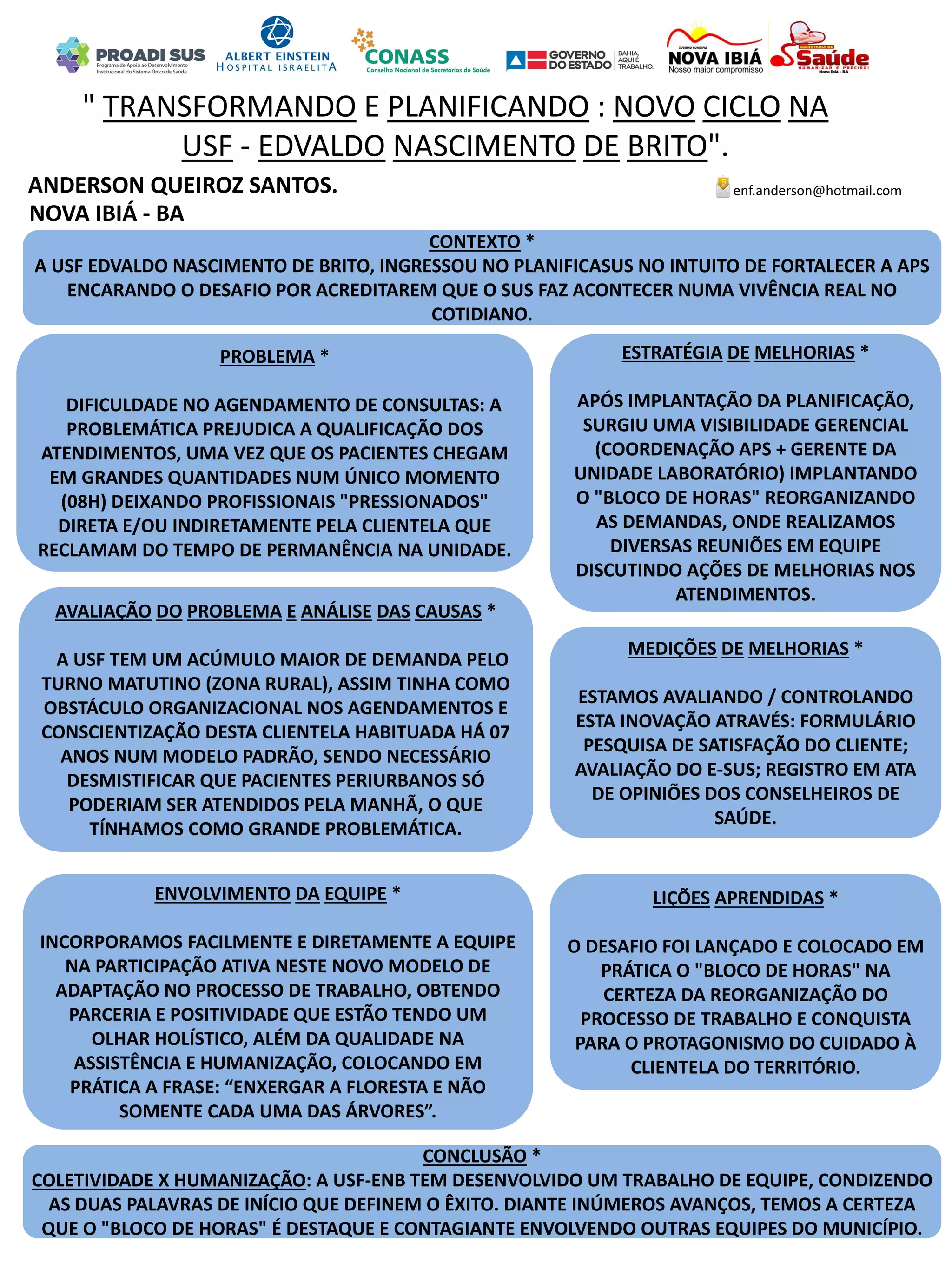 ANDERSON QUEIROZ SANTOS.
" TRANSFORMANDO E PLANIFICANDO : NOVO CICLO NA
USF - EDVALDO NASCIMENTO DE BRITO".
PROBLEMA *
DIFICULDADE NO AGENDAMENTO DE CONSULTAS: A
PROBLEMÁTICA PREJUDICA A QUALIFICAÇÃO DOS
ATENDIMENTOS, UMA VEZ QUE OS PACIENTES CHEGAM
EM GRANDES QUANTIDADES NUM ÚNICO MOMENTO
(08H) DEIXANDO PROFISSIONAIS "PRESSIONADOS"
DIRETA E/OU INDIRETAMENTE PELA CLIENTELA QUE
RECLAMAM DO TEMPO DE PERMANÊNCIA NA UNIDADE.
ESTRATÉGIA DE MELHORIAS *
APÓS IMPLANTAÇÃO DA PLANIFICAÇÃO,
SURGIU UMA VISIBILIDADE GERENCIAL
(COORDENAÇÃO APS + GERENTE DA
UNIDADE LABORATÓRIO) IMPLANTANDO
O "BLOCO DE HORAS" REORGANIZANDO
AS DEMANDAS, ONDE REALIZAMOS
DIVERSAS REUNIÕES EM EQUIPE
DISCUTINDO AÇÕES DE MELHORIAS NOS
ATENDIMENTOS.
CONCLUSÃO *
COLETIVIDADE X HUMANIZAÇÃO: A USF-ENB TEM DESENVOLVIDO UM TRABALHO DE EQUIPE, CONDIZENDO
AS DUAS PALAVRAS DE INÍCIO QUE DEFINEM O ÊXITO. DIANTE INÚMEROS AVANÇOS, TEMOS A CERTEZA
QUE O "BLOCO DE HORAS" É DESTAQUE E CONTAGIANTE ENVOLVENDO OUTRAS EQUIPES DO MUNICÍPIO.
enf.anderson@hotmail.com
NOVA IBIÁ - BA
CONTEXTO *
A USF EDVALDO NASCIMENTO DE BRITO, INGRESSOU NO PLANIFICASUS NO INTUITO DE FORTALECER A APS
ENCARANDO O DESAFIO POR ACREDITAREM QUE O SUS FAZ ACONTECER NUMA VIVÊNCIA REAL NO
COTIDIANO.
AVALIAÇÃO DO PROBLEMA E ANÁLISE DAS CAUSAS *
A USF TEM UM ACÚMULO MAIOR DE DEMANDA PELO
TURNO MATUTINO (ZONA RURAL), ASSIM TINHA COMO
OBSTÁCULO ORGANIZACIONAL NOS AGENDAMENTOS E
CONSCIENTIZAÇÃO DESTA CLIENTELA HABITUADA HÁ 07
ANOS NUM MODELO PADRÃO, SENDO NECESSÁRIO
DESMISTIFICAR QUE PACIENTES PERIURBANOS SÓ
PODERIAM SER ATENDIDOS PELA MANHÃ, O QUE
TÍNHAMOS COMO GRANDE PROBLEMÁTICA.
ENVOLVIMENTO DA EQUIPE *
INCORPORAMOS FACILMENTE E DIRETAMENTE A EQUIPE
NA PARTICIPAÇÃO ATIVA NESTE NOVO MODELO DE
ADAPTAÇÃO NO PROCESSO DE TRABALHO, OBTENDO
PARCERIA E POSITIVIDADE QUE ESTÃO TENDO UM
OLHAR HOLÍSTICO, ALÉM DA QUALIDADE NA
ASSISTÊNCIA E HUMANIZAÇÃO, COLOCANDO EM
PRÁTICA A FRASE: “ENXERGAR A FLORESTA E NÃO
SOMENTE CADA UMA DAS ÁRVORES”.
MEDIÇÕES DE MELHORIAS *
ESTAMOS AVALIANDO / CONTROLANDO
ESTA INOVAÇÃO ATRAVÉS: FORMULÁRIO
PESQUISA DE SATISFAÇÃO DO CLIENTE;
AVALIAÇÃO DO E-SUS; REGISTRO EM ATA
DE OPINIÕES DOS CONSELHEIROS DE
SAÚDE.
LIÇÕES APRENDIDAS *
O DESAFIO FOI LANÇADO E COLOCADO EM
PRÁTICA O "BLOCO DE HORAS" NA
CERTEZA DA REORGANIZAÇÃO DO
PROCESSO DE TRABALHO E CONQUISTA
PARA O PROTAGONISMO DO CUIDADO À
CLIENTELA DO TERRITÓRIO.
 