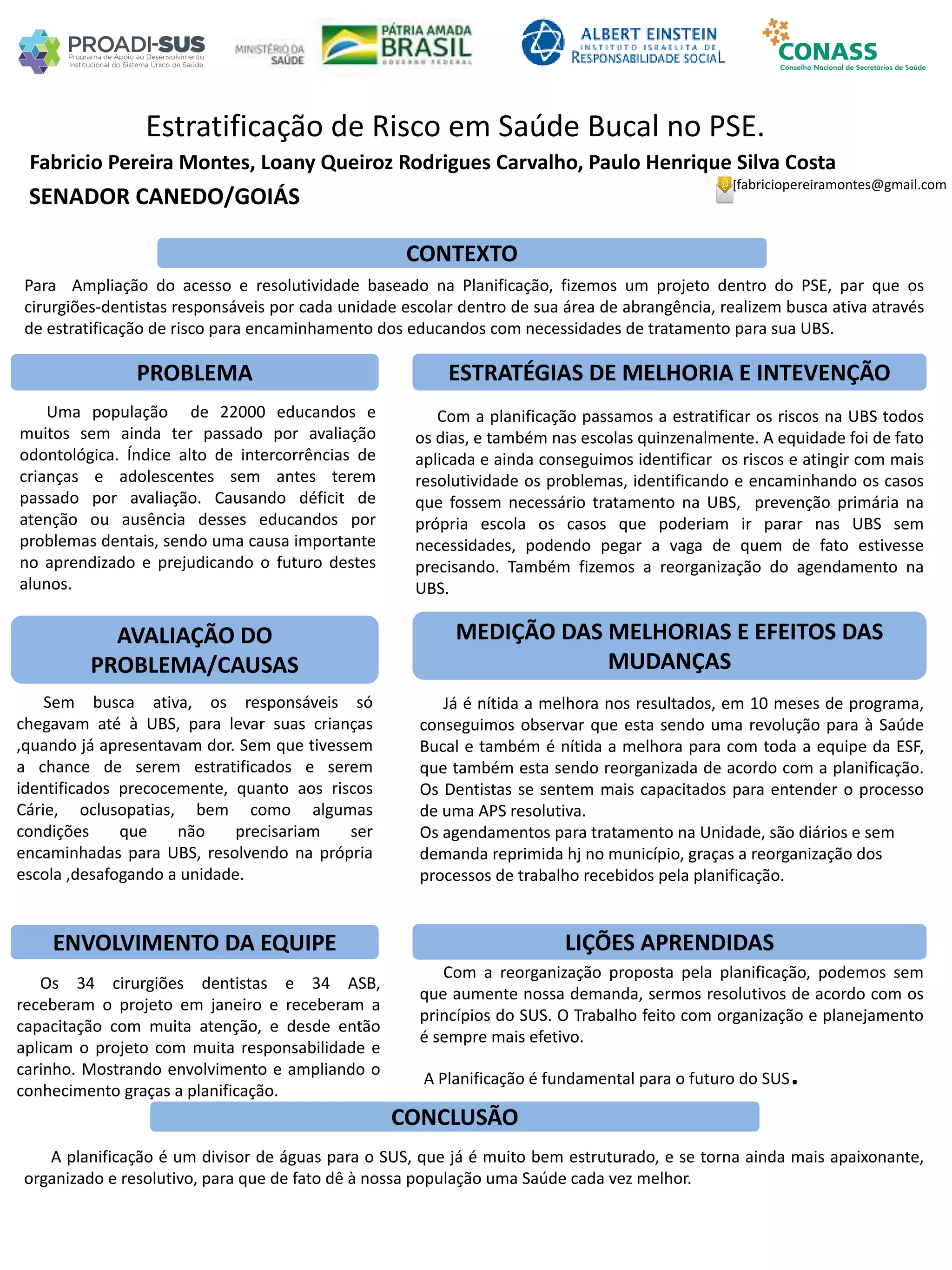 Fabricio Pereira Montes, Loany Queiroz Rodrigues Carvalho, Paulo Henrique Silva Costa
Estratificação de Risco em Saúde Bucal no PSE.
PROBLEMA ESTRATÉGIAS DE MELHORIA E INTEVENÇÃO
CONCLUSÃO
[fabriciopereiramontes@gmail.com
SENADOR CANEDO/GOIÁS
CONTEXTO
AVALIAÇÃO DO
PROBLEMA/CAUSAS
ENVOLVIMENTO DA EQUIPE
MEDIÇÃO DAS MELHORIAS E EFEITOS DAS
MUDANÇAS
LIÇÕES APRENDIDAS
Com a planificação passamos a estratificar os riscos na UBS todos
os dias, e também nas escolas quinzenalmente. A equidade foi de fato
aplicada e ainda conseguimos identificar os riscos e atingir com mais
resolutividade os problemas, identificando e encaminhando os casos
que fossem necessário tratamento na UBS, prevenção primária na
própria escola os casos que poderiam ir parar nas UBS sem
necessidades, podendo pegar a vaga de quem de fato estivesse
precisando. Também fizemos a reorganização do agendamento na
UBS.
Já é nítida a melhora nos resultados, em 10 meses de programa,
conseguimos observar que esta sendo uma revolução para à Saúde
Bucal e também é nítida a melhora para com toda a equipe da ESF,
que também esta sendo reorganizada de acordo com a planificação.
Os Dentistas se sentem mais capacitados para entender o processo
de uma APS resolutiva.
Os agendamentos para tratamento na Unidade, são diários e sem
demanda reprimida hj no município, graças a reorganização dos
processos de trabalho recebidos pela planificação.
Os 34 cirurgiões dentistas e 34 ASB,
receberam o projeto em janeiro e receberam a
capacitação com muita atenção, e desde então
aplicam o projeto com muita responsabilidade e
carinho. Mostrando envolvimento e ampliando o
conhecimento graças a planificação.
A planificação é um divisor de águas para o SUS, que já é muito bem estruturado, e se torna ainda mais apaixonante,
organizado e resolutivo, para que de fato dê à nossa população uma Saúde cada vez melhor.
Para Ampliação do acesso e resolutividade baseado na Planificação, fizemos um projeto dentro do PSE, par que os
cirurgiões-dentistas responsáveis por cada unidade escolar dentro de sua área de abrangência, realizem busca ativa através
de estratificação de risco para encaminhamento dos educandos com necessidades de tratamento para sua UBS.
Uma população de 22000 educandos e
muitos sem ainda ter passado por avaliação
odontológica. Índice alto de intercorrências de
crianças e adolescentes sem antes terem
passado por avaliação. Causando déficit de
atenção ou ausência desses educandos por
problemas dentais, sendo uma causa importante
no aprendizado e prejudicando o futuro destes
alunos.
Sem busca ativa, os responsáveis só
chegavam até à UBS, para levar suas crianças
,quando já apresentavam dor. Sem que tivessem
a chance de serem estratificados e serem
identificados precocemente, quanto aos riscos
Cárie, oclusopatias, bem como algumas
condições que não precisariam ser
encaminhadas para UBS, resolvendo na própria
escola ,desafogando a unidade.
Com a reorganização proposta pela planificação, podemos sem
que aumente nossa demanda, sermos resolutivos de acordo com os
princípios do SUS. O Trabalho feito com organização e planejamento
é sempre mais efetivo.
A Planificação é fundamental para o futuro do SUS.
 