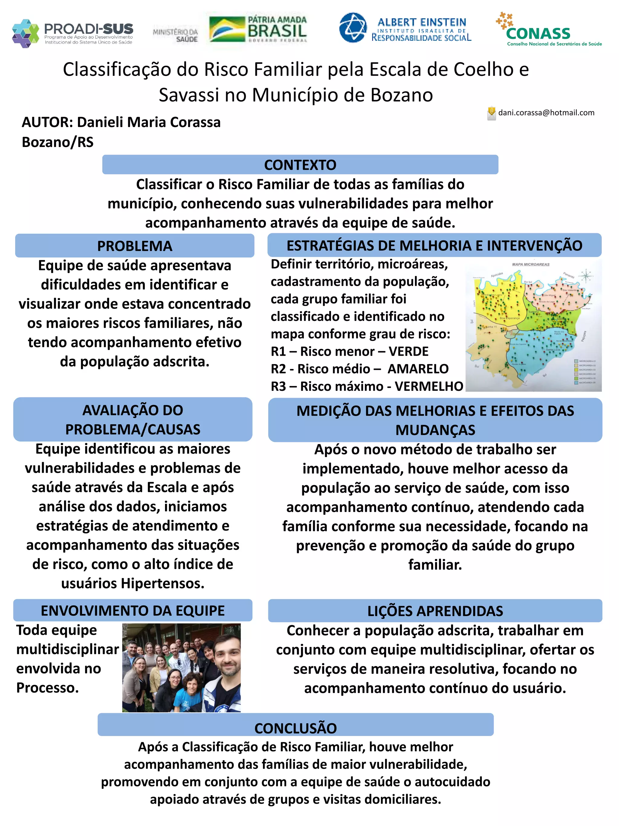AUTOR: Danieli Maria Corassa
Classificação do Risco Familiar pela Escala de Coelho e
Savassi no Município de Bozano
PROBLEMA
Equipe de saúde apresentava
dificuldades em identificar e
visualizar onde estava concentrado
os maiores riscos familiares, não
tendo acompanhamento efetivo
da população adscrita.
ESTRATÉGIAS DE MELHORIA E INTERVENÇÃO
Definir território, microáreas,
cadastramento da população,
cada grupo familiar foi
classificado e identificado no
mapa conforme grau de risco:
R1 – Risco menor – VERDE
R2 - Risco médio – AMARELO
R3 – Risco máximo - VERMELHO
CONCLUSÃO
Após a Classificação de Risco Familiar, houve melhor
acompanhamento das famílias de maior vulnerabilidade,
promovendo em conjunto com a equipe de saúde o autocuidado
apoiado através de grupos e visitas domiciliares.
dani.corassa@hotmail.com
Bozano/RS
CONTEXTO
Classificar o Risco Familiar de todas as famílias do
município, conhecendo suas vulnerabilidades para melhor
acompanhamento através da equipe de saúde.
AVALIAÇÃO DO
PROBLEMA/CAUSAS
Equipe identificou as maiores
vulnerabilidades e problemas de
saúde através da Escala e após
análise dos dados, iniciamos
estratégias de atendimento e
acompanhamento das situações
de risco, como o alto índice de
usuários Hipertensos.
ENVOLVIMENTO DA EQUIPE
Toda equipe
multidisciplinar
envolvida no
Processo.
MEDIÇÃO DAS MELHORIAS E EFEITOS DAS
MUDANÇAS
Após o novo método de trabalho ser
implementado, houve melhor acesso da
população ao serviço de saúde, com isso
acompanhamento contínuo, atendendo cada
família conforme sua necessidade, focando na
prevenção e promoção da saúde do grupo
familiar.
LIÇÕES APRENDIDAS
Conhecer a população adscrita, trabalhar em
conjunto com equipe multidisciplinar, ofertar os
serviços de maneira resolutiva, focando no
acompanhamento contínuo do usuário.
 