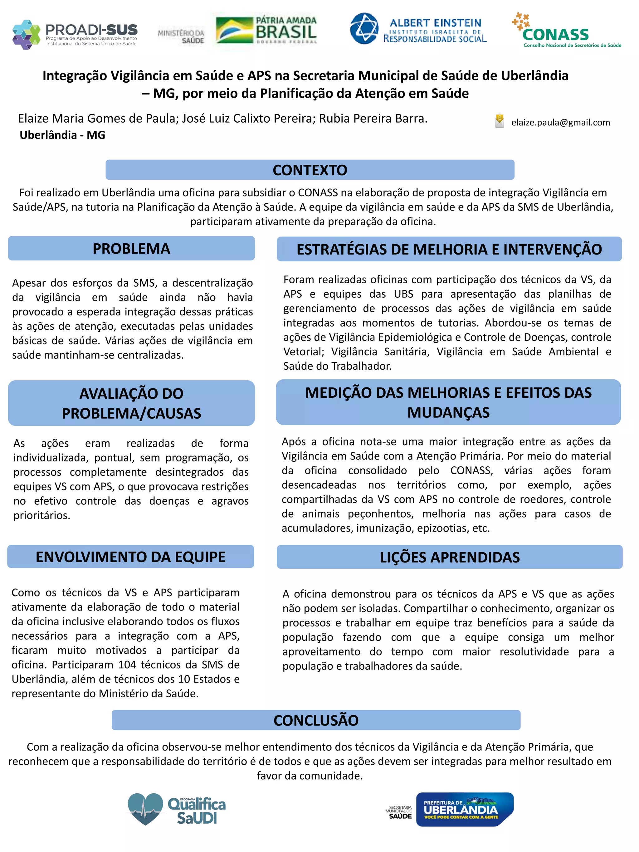 Elaize Maria Gomes de Paula; José Luiz Calixto Pereira; Rubia Pereira Barra.
Integração Vigilância em Saúde e APS na Secretaria Municipal de Saúde de Uberlândia
– MG, por meio da Planificação da Atenção em Saúde
PROBLEMA ESTRATÉGIAS DE MELHORIA E INTERVENÇÃO
CONCLUSÃO
elaize.paula@gmail.com
Uberlândia - MG
CONTEXTO
AVALIAÇÃO DO
PROBLEMA/CAUSAS
ENVOLVIMENTO DA EQUIPE
MEDIÇÃO DAS MELHORIAS E EFEITOS DAS
MUDANÇAS
LIÇÕES APRENDIDAS
Foram realizadas oficinas com participação dos técnicos da VS, da
APS e equipes das UBS para apresentação das planilhas de
gerenciamento de processos das ações de vigilância em saúde
integradas aos momentos de tutorias. Abordou-se os temas de
ações de Vigilância Epidemiológica e Controle de Doenças, controle
Vetorial; Vigilância Sanitária, Vigilância em Saúde Ambiental e
Saúde do Trabalhador.
Foi realizado em Uberlândia uma oficina para subsidiar o CONASS na elaboração de proposta de integração Vigilância em
Saúde/APS, na tutoria na Planificação da Atenção à Saúde. A equipe da vigilância em saúde e da APS da SMS de Uberlândia,
participaram ativamente da preparação da oficina.
As ações eram realizadas de forma
individualizada, pontual, sem programação, os
processos completamente desintegrados das
equipes VS com APS, o que provocava restrições
no efetivo controle das doenças e agravos
prioritários.
Apesar dos esforços da SMS, a descentralização
da vigilância em saúde ainda não havia
provocado a esperada integração dessas práticas
às ações de atenção, executadas pelas unidades
básicas de saúde. Várias ações de vigilância em
saúde mantinham-se centralizadas.
Após a oficina nota-se uma maior integração entre as ações da
Vigilância em Saúde com a Atenção Primária. Por meio do material
da oficina consolidado pelo CONASS, várias ações foram
desencadeadas nos territórios como, por exemplo, ações
compartilhadas da VS com APS no controle de roedores, controle
de animais peçonhentos, melhoria nas ações para casos de
acumuladores, imunização, epizootias, etc.
Com a realização da oficina observou-se melhor entendimento dos técnicos da Vigilância e da Atenção Primária, que
reconhecem que a responsabilidade do território é de todos e que as ações devem ser integradas para melhor resultado em
favor da comunidade.
Como os técnicos da VS e APS participaram
ativamente da elaboração de todo o material
da oficina inclusive elaborando todos os fluxos
necessários para a integração com a APS,
ficaram muito motivados a participar da
oficina. Participaram 104 técnicos da SMS de
Uberlândia, além de técnicos dos 10 Estados e
representante do Ministério da Saúde.
A oficina demonstrou para os técnicos da APS e VS que as ações
não podem ser isoladas. Compartilhar o conhecimento, organizar os
processos e trabalhar em equipe traz benefícios para a saúde da
população fazendo com que a equipe consiga um melhor
aproveitamento do tempo com maior resolutividade para a
população e trabalhadores da saúde.
 