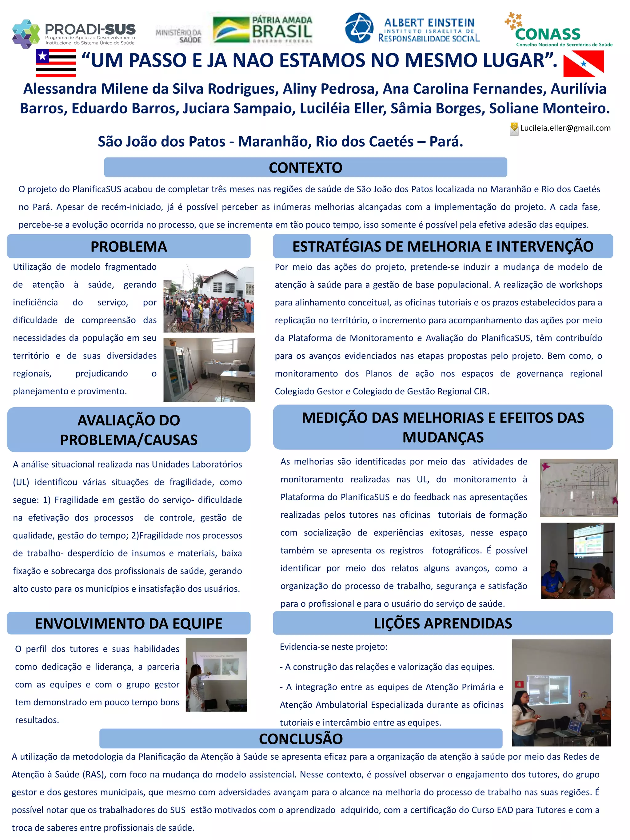 Alessandra Milene da Silva Rodrigues, Aliny Pedrosa, Ana Carolina Fernandes, Aurilívia
Barros, Eduardo Barros, Juciara Sampaio, Luciléia Eller, Sâmia Borges, Soliane Monteiro.
“UM PASSO E JÁ NÃO ESTAMOS NO MESMO LUGAR”.
PROBLEMA ESTRATÉGIAS DE MELHORIA E INTERVENÇÃO
CONCLUSÃO
Lucileia.eller@gmail.com
Utilização de modelo fragmentado
de atenção à saúde, gerando
ineficiência do serviço, por
dificuldade de compreensão das
necessidades da população em seu
território e de suas diversidades
regionais, prejudicando o
planejamento e provimento.
CONTEXTO
AVALIAÇÃO DO
PROBLEMA/CAUSAS
ENVOLVIMENTO DA EQUIPE
MEDIÇÃO DAS MELHORIAS E EFEITOS DAS
MUDANÇAS
LIÇÕES APRENDIDAS
O projeto do PlanificaSUS acabou de completar três meses nas regiões de saúde de São João dos Patos localizada no Maranhão e Rio dos Caetés
no Pará. Apesar de recém-iniciado, já é possível perceber as inúmeras melhorias alcançadas com a implementação do projeto. A cada fase,
percebe-se a evolução ocorrida no processo, que se incrementa em tão pouco tempo, isso somente é possível pela efetiva adesão das equipes.
São João dos Patos - Maranhão, Rio dos Caetés – Pará.
Por meio das ações do projeto, pretende-se induzir a mudança de modelo de
atenção à saúde para a gestão de base populacional. A realização de workshops
para alinhamento conceitual, as oficinas tutoriais e os prazos estabelecidos para a
replicação no território, o incremento para acompanhamento das ações por meio
da Plataforma de Monitoramento e Avaliação do PlanificaSUS, têm contribuído
para os avanços evidenciados nas etapas propostas pelo projeto. Bem como, o
monitoramento dos Planos de ação nos espaços de governança regional
Colegiado Gestor e Colegiado de Gestão Regional CIR.
O perfil dos tutores e suas habilidades
como dedicação e liderança, a parceria
com as equipes e com o grupo gestor
tem demonstrado em pouco tempo bons
resultados.
As melhorias são identificadas por meio das atividades de
monitoramento realizadas nas UL, do monitoramento à
Plataforma do PlanificaSUS e do feedback nas apresentações
realizadas pelos tutores nas oficinas tutoriais de formação
com socialização de experiências exitosas, nesse espaço
também se apresenta os registros fotográficos. É possível
identificar por meio dos relatos alguns avanços, como a
organização do processo de trabalho, segurança e satisfação
para o profissional e para o usuário do serviço de saúde.
A análise situacional realizada nas Unidades Laboratórios
(UL) identificou várias situações de fragilidade, como
segue: 1) Fragilidade em gestão do serviço- dificuldade
na efetivação dos processos de controle, gestão de
qualidade, gestão do tempo; 2)Fragilidade nos processos
de trabalho- desperdício de insumos e materiais, baixa
fixação e sobrecarga dos profissionais de saúde, gerando
alto custo para os municípios e insatisfação dos usuários.
A utilização da metodologia da Planificação da Atenção à Saúde se apresenta eficaz para a organização da atenção à saúde por meio das Redes de
Atenção à Saúde (RAS), com foco na mudança do modelo assistencial. Nesse contexto, é possível observar o engajamento dos tutores, do grupo
gestor e dos gestores municipais, que mesmo com adversidades avançam para o alcance na melhoria do processo de trabalho nas suas regiões. É
possível notar que os trabalhadores do SUS estão motivados com o aprendizado adquirido, com a certificação do Curso EAD para Tutores e com a
troca de saberes entre profissionais de saúde.
Evidencia-se neste projeto:
- A construção das relações e valorização das equipes.
- A integração entre as equipes de Atenção Primária e
Atenção Ambulatorial Especializada durante as oficinas
tutoriais e intercâmbio entre as equipes.
E
 