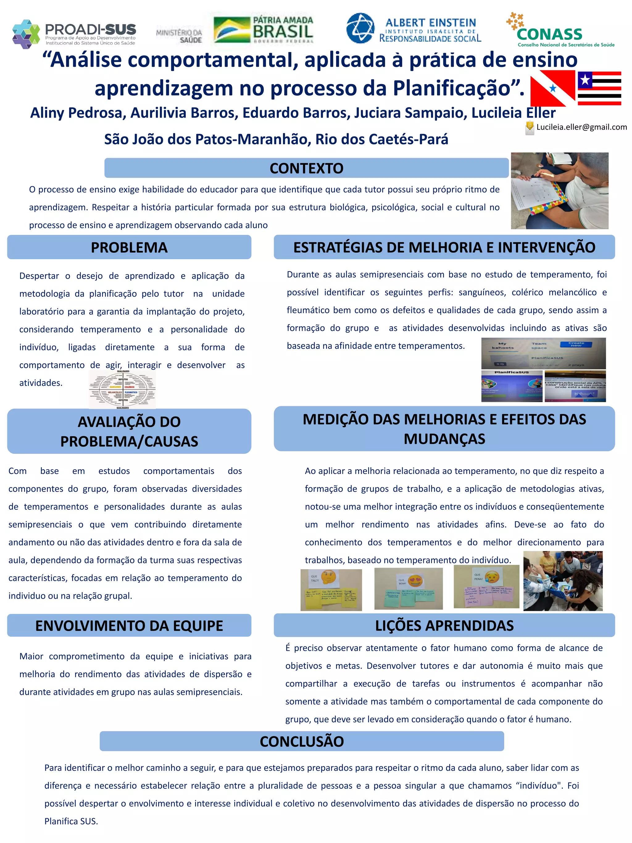 Aliny Pedrosa, Aurilivia Barros, Eduardo Barros, Juciara Sampaio, Lucileia Eller
“Análise comportamental, aplicada à prática de ensino
aprendizagem no processo da Planificação”.
PROBLEMA ESTRATÉGIAS DE MELHORIA E INTERVENÇÃO
CONCLUSÃO
Lucileia.eller@gmail.com
Despertar o desejo de aprendizado e aplicação da
metodologia da planificação pelo tutor na unidade
laboratório para a garantia da implantação do projeto,
considerando temperamento e a personalidade do
indivíduo, ligadas diretamente a sua forma de
comportamento de agir, interagir e desenvolver as
atividades.
CONTEXTO
AVALIAÇÃO DO
PROBLEMA/CAUSAS
ENVOLVIMENTO DA EQUIPE
MEDIÇÃO DAS MELHORIAS E EFEITOS DAS
MUDANÇAS
LIÇÕES APRENDIDAS
O processo de ensino exige habilidade do educador para que identifique que cada tutor possui seu próprio ritmo de
aprendizagem. Respeitar a história particular formada por sua estrutura biológica, psicológica, social e cultural no
processo de ensino e aprendizagem observando cada aluno
São João dos Patos-Maranhão, Rio dos Caetés-Pará
Durante as aulas semipresenciais com base no estudo de temperamento, foi
possível identificar os seguintes perfis: sanguíneos, colérico melancólico e
fleumático bem como os defeitos e qualidades de cada grupo, sendo assim a
formação do grupo e as atividades desenvolvidas incluindo as ativas são
baseada na afinidade entre temperamentos.
Maior comprometimento da equipe e iniciativas para
melhoria do rendimento das atividades de dispersão e
durante atividades em grupo nas aulas semipresenciais.
Ao aplicar a melhoria relacionada ao temperamento, no que diz respeito a
formação de grupos de trabalho, e a aplicação de metodologias ativas,
notou-se uma melhor integração entre os indivíduos e conseqüentemente
um melhor rendimento nas atividades afins. Deve-se ao fato do
conhecimento dos temperamentos e do melhor direcionamento para
trabalhos, baseado no temperamento do indivíduo.
Com base em estudos comportamentais dos
componentes do grupo, foram observadas diversidades
de temperamentos e personalidades durante as aulas
semipresenciais o que vem contribuindo diretamente
andamento ou não das atividades dentro e fora da sala de
aula, dependendo da formação da turma suas respectivas
características, focadas em relação ao temperamento do
individuo ou na relação grupal.
Para identificar o melhor caminho a seguir, e para que estejamos preparados para respeitar o ritmo da cada aluno, saber lidar com as
diferença e necessário estabelecer relação entre a pluralidade de pessoas e a pessoa singular a que chamamos “indivíduo". Foi
possível despertar o envolvimento e interesse individual e coletivo no desenvolvimento das atividades de dispersão no processo do
Planifica SUS.
É preciso observar atentamente o fator humano como forma de alcance de
objetivos e metas. Desenvolver tutores e dar autonomia é muito mais que
compartilhar a execução de tarefas ou instrumentos é acompanhar não
somente a atividade mas também o comportamental de cada componente do
grupo, que deve ser levado em consideração quando o fator é humano.
 