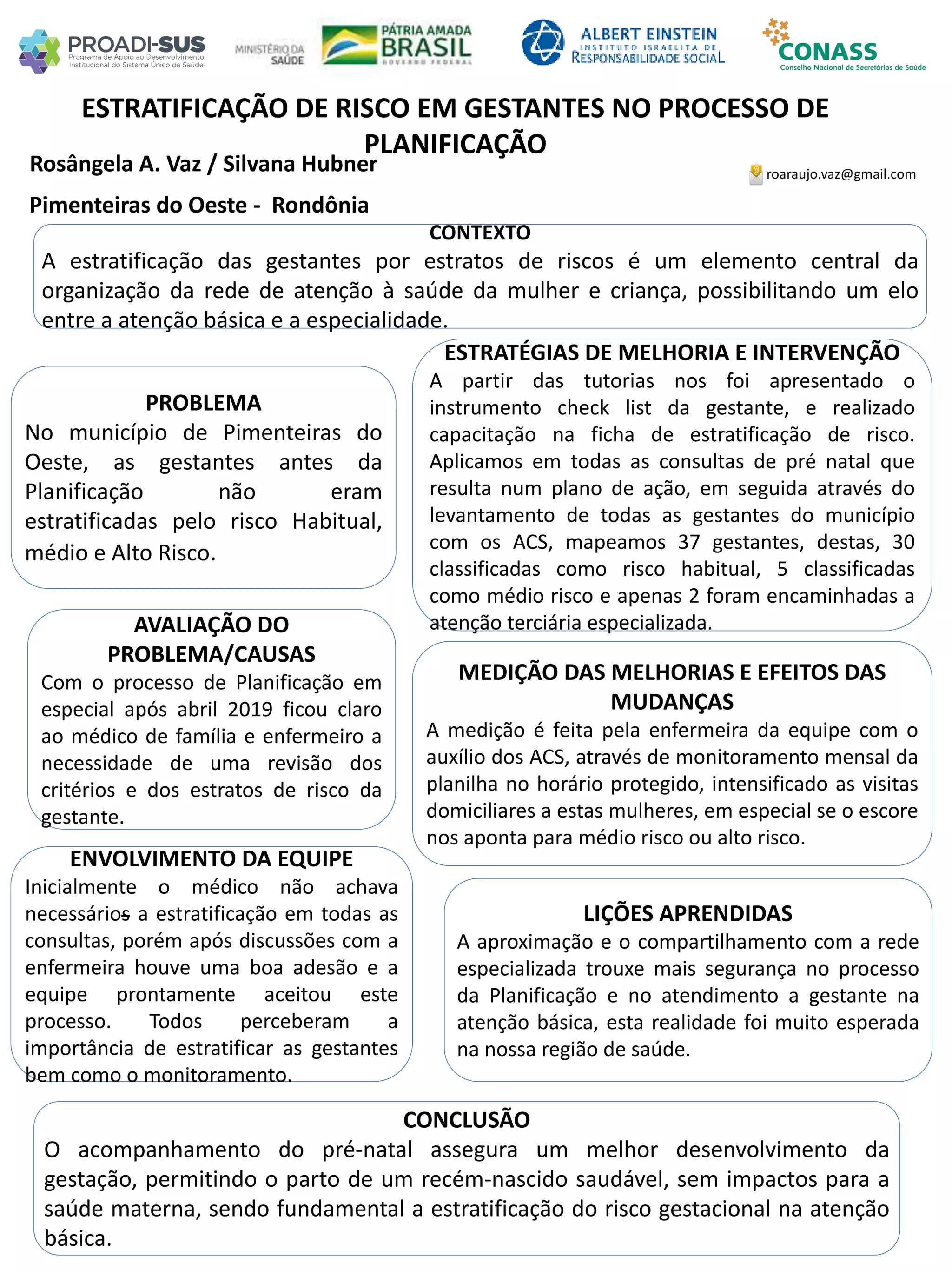 Rosângela A. Vaz / Silvana Hubner
ESTRATIFICAÇÃO DE RISCO EM GESTANTES NO PROCESSO DE
PLANIFICAÇÃO
PROBLEMA
No município de Pimenteiras do
Oeste, as gestantes antes da
Planificação não eram
estratificadas pelo risco Habitual,
médio e Alto Risco.
ESTRATÉGIAS DE MELHORIA E INTERVENÇÃO
A partir das tutorias nos foi apresentado o
instrumento check list da gestante, e realizado
capacitação na ficha de estratificação de risco.
Aplicamos em todas as consultas de pré natal que
resulta num plano de ação, em seguida através do
levantamento de todas as gestantes do município
com os ACS, mapeamos 37 gestantes, destas, 30
classificadas como risco habitual, 5 classificadas
como médio risco e apenas 2 foram encaminhadas a
atenção terciária especializada.
CONCLUSÃO
O acompanhamento do pré-natal assegura um melhor desenvolvimento da
gestação, permitindo o parto de um recém-nascido saudável, sem impactos para a
saúde materna, sendo fundamental a estratificação do risco gestacional na atenção
básica.
roaraujo.vaz@gmail.com
Pimenteiras do Oeste - Rondônia
CONTEXTO
A estratificação das gestantes por estratos de riscos é um elemento central da
organização da rede de atenção à saúde da mulher e criança, possibilitando um elo
entre a atenção básica e a especialidade.
AVALIAÇÃO DO
PROBLEMA/CAUSAS
Com o processo de Planificação em
especial após abril 2019 ficou claro
ao médico de família e enfermeiro a
necessidade de uma revisão dos
critérios e dos estratos de risco da
gestante.
ENVOLVIMENTO DA EQUIPE
Inicialmente o médico não achava
necessários a estratificação em todas as
consultas, porém após discussões com a
enfermeira houve uma boa adesão e a
equipe prontamente aceitou este
processo. Todos perceberam a
importância de estratificar as gestantes
bem como o monitoramento.
MEDIÇÃO DAS MELHORIAS E EFEITOS DAS
MUDANÇAS
A medição é feita pela enfermeira da equipe com o
auxílio dos ACS, através de monitoramento mensal da
planilha no horário protegido, intensificado as visitas
domiciliares a estas mulheres, em especial se o escore
nos aponta para médio risco ou alto risco.
LIÇÕES APRENDIDAS
A aproximação e o compartilhamento com a rede
especializada trouxe mais segurança no processo
da Planificação e no atendimento a gestante na
atenção básica, esta realidade foi muito esperada
na nossa região de saúde.
 