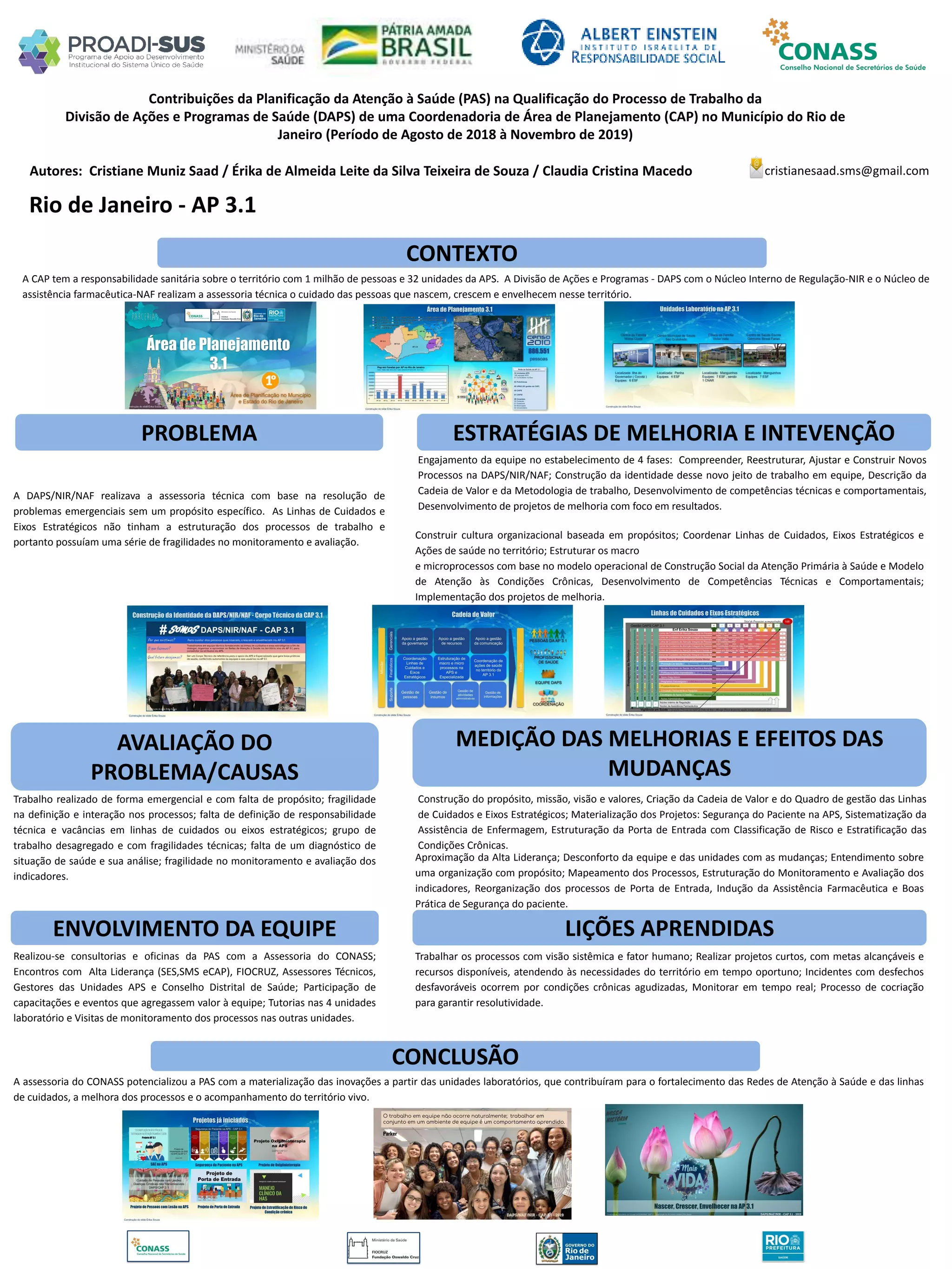 Autores: Cristiane Muniz Saad / Érika de Almeida Leite da Silva Teixeira de Souza / Claudia Cristina Macedo
Contribuições da Planificação da Atenção à Saúde (PAS) na Qualificação do Processo de Trabalho da
Divisão de Ações e Programas de Saúde (DAPS) de uma Coordenadoria de Área de Planejamento (CAP) no Município do Rio de
Janeiro (Período de Agosto de 2018 à Novembro de 2019)
PROBLEMA ESTRATÉGIAS DE MELHORIA E INTEVENÇÃO
CONCLUSÃO
cristianesaad.sms@gmail.com
Rio de Janeiro - AP 3.1
CONTEXTO
AVALIAÇÃO DO
PROBLEMA/CAUSAS
ENVOLVIMENTO DA EQUIPE
MEDIÇÃO DAS MELHORIAS E EFEITOS DAS
MUDANÇAS
LIÇÕES APRENDIDAS
A CAP tem a responsabilidade sanitária sobre o território com 1 milhão de pessoas e 32 unidades da APS. A Divisão de Ações e Programas - DAPS com o Núcleo Interno de Regulação-NIR e o Núcleo de
assistência farmacêutica-NAF realizam a assessoria técnica o cuidado das pessoas que nascem, crescem e envelhecem nesse território.
A DAPS/NIR/NAF realizava a assessoria técnica com base na resolução de
problemas emergenciais sem um propósito específico. As Linhas de Cuidados e
Eixos Estratégicos não tinham a estruturação dos processos de trabalho e
portanto possuíam uma série de fragilidades no monitoramento e avaliação.
Engajamento da equipe no estabelecimento de 4 fases: Compreender, Reestruturar, Ajustar e Construir Novos
Processos na DAPS/NIR/NAF; Construção da identidade desse novo jeito de trabalho em equipe, Descrição da
Cadeia de Valor e da Metodologia de trabalho, Desenvolvimento de competências técnicas e comportamentais,
Desenvolvimento de projetos de melhoria com foco em resultados.
Construir cultura organizacional baseada em propósitos; Coordenar Linhas de Cuidados, Eixos Estratégicos e
Ações de saúde no território; Estruturar os macro
e microprocessos com base no modelo operacional de Construção Social da Atenção Primária à Saúde e Modelo
de Atenção às Condições Crônicas, Desenvolvimento de Competências Técnicas e Comportamentais;
Implementação dos projetos de melhoria.
Trabalho realizado de forma emergencial e com falta de propósito; fragilidade
na definição e interação nos processos; falta de definição de responsabilidade
técnica e vacâncias em linhas de cuidados ou eixos estratégicos; grupo de
trabalho desagregado e com fragilidades técnicas; falta de um diagnóstico de
situação de saúde e sua análise; fragilidade no monitoramento e avaliação dos
indicadores.
Construção do propósito, missão, visão e valores, Criação da Cadeia de Valor e do Quadro de gestão das Linhas
de Cuidados e Eixos Estratégicos; Materialização dos Projetos: Segurança do Paciente na APS, Sistematização da
Assistência de Enfermagem, Estruturação da Porta de Entrada com Classificação de Risco e Estratificação das
Condições Crônicas.
Aproximação da Alta Liderança; Desconforto da equipe e das unidades com as mudanças; Entendimento sobre
uma organização com propósito; Mapeamento dos Processos, Estruturação do Monitoramento e Avaliação dos
indicadores, Reorganização dos processos de Porta de Entrada, Indução da Assistência Farmacêutica e Boas
Prática de Segurança do paciente.
Realizou-se consultorias e oficinas da PAS com a Assessoria do CONASS;
Encontros com Alta Liderança (SES,SMS eCAP), FIOCRUZ, Assessores Técnicos,
Gestores das Unidades APS e Conselho Distrital de Saúde; Participação de
capacitações e eventos que agregassem valor à equipe; Tutorias nas 4 unidades
laboratório e Visitas de monitoramento dos processos nas outras unidades.
Trabalhar os processos com visão sistêmica e fator humano; Realizar projetos curtos, com metas alcançáveis e
recursos disponíveis, atendendo às necessidades do território em tempo oportuno; Incidentes com desfechos
desfavoráveis ocorrem por condições crônicas agudizadas, Monitorar em tempo real; Processo de cocriação
para garantir resolutividade.
A assessoria do CONASS potencializou a PAS com a materialização das inovações a partir das unidades laboratórios, que contribuíram para o fortalecimento das Redes de Atenção à Saúde e das linhas
de cuidados, a melhora dos processos e o acompanhamento do território vivo.
 