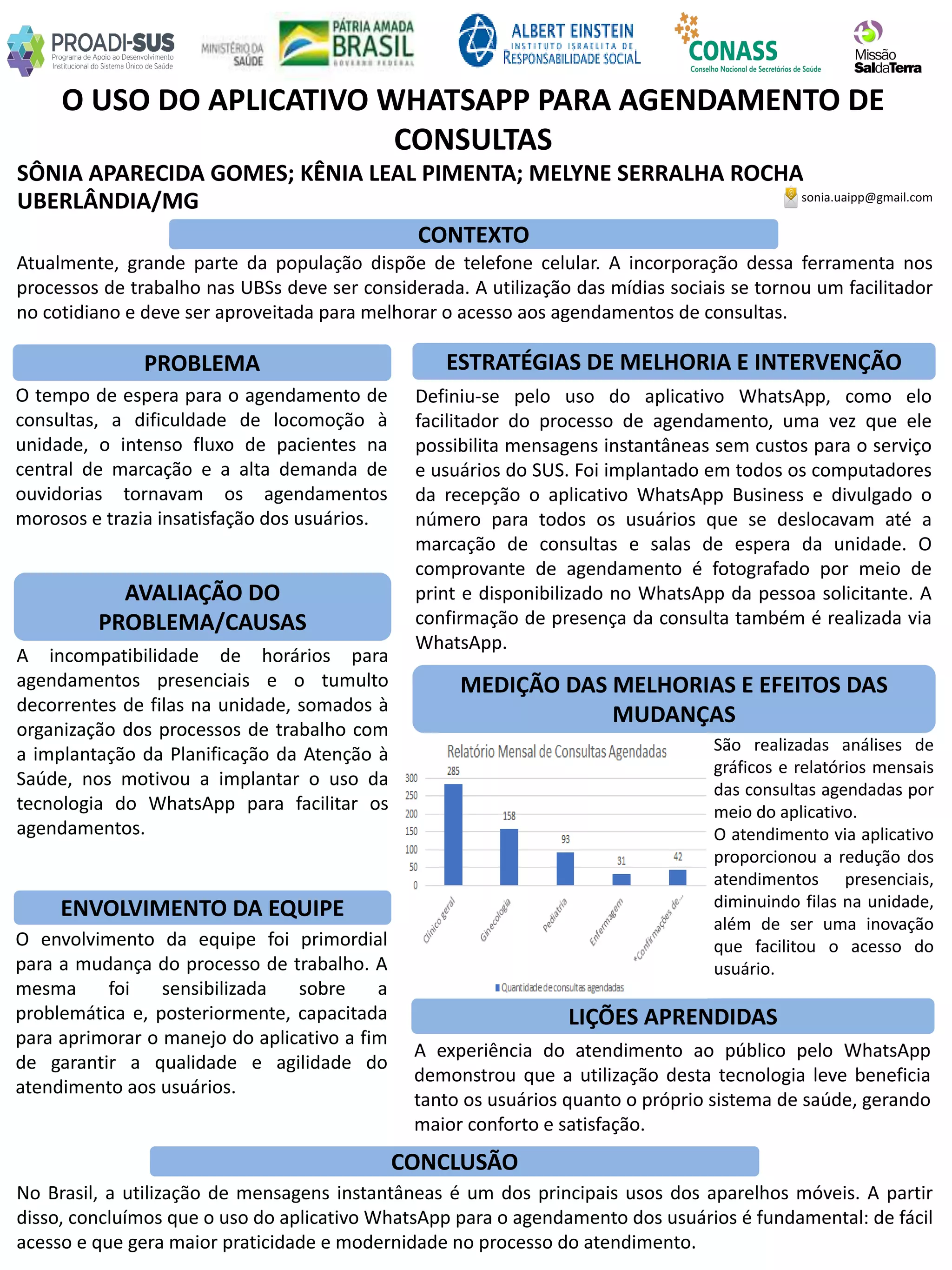 SÔNIA APARECIDA GOMES; KÊNIA LEAL PIMENTA; MELYNE SERRALHA ROCHA
O USO DO APLICATIVO WHATSAPP PARA AGENDAMENTO DE
CONSULTAS
PROBLEMA ESTRATÉGIAS DE MELHORIA E INTERVENÇÃO
CONCLUSÃO
sonia.uaipp@gmail.com
UBERLÂNDIA/MG
CONTEXTO
AVALIAÇÃO DO
PROBLEMA/CAUSAS
ENVOLVIMENTO DA EQUIPE
MEDIÇÃO DAS MELHORIAS E EFEITOS DAS
MUDANÇAS
LIÇÕES APRENDIDAS
Atualmente, grande parte da população dispõe de telefone celular. A incorporação dessa ferramenta nos
processos de trabalho nas UBSs deve ser considerada. A utilização das mídias sociais se tornou um facilitador
no cotidiano e deve ser aproveitada para melhorar o acesso aos agendamentos de consultas.
O tempo de espera para o agendamento de
consultas, a dificuldade de locomoção à
unidade, o intenso fluxo de pacientes na
central de marcação e a alta demanda de
ouvidorias tornavam os agendamentos
morosos e trazia insatisfação dos usuários.
A incompatibilidade de horários para
agendamentos presenciais e o tumulto
decorrentes de filas na unidade, somados à
organização dos processos de trabalho com
a implantação da Planificação da Atenção à
Saúde, nos motivou a implantar o uso da
tecnologia do WhatsApp para facilitar os
agendamentos.
O envolvimento da equipe foi primordial
para a mudança do processo de trabalho. A
mesma foi sensibilizada sobre a
problemática e, posteriormente, capacitada
para aprimorar o manejo do aplicativo a fim
de garantir a qualidade e agilidade do
atendimento aos usuários.
Definiu-se pelo uso do aplicativo WhatsApp, como elo
facilitador do processo de agendamento, uma vez que ele
possibilita mensagens instantâneas sem custos para o serviço
e usuários do SUS. Foi implantado em todos os computadores
da recepção o aplicativo WhatsApp Business e divulgado o
número para todos os usuários que se deslocavam até a
marcação de consultas e salas de espera da unidade. O
comprovante de agendamento é fotografado por meio de
print e disponibilizado no WhatsApp da pessoa solicitante. A
confirmação de presença da consulta também é realizada via
WhatsApp.
São realizadas análises de
gráficos e relatórios mensais
das consultas agendadas por
meio do aplicativo.
O atendimento via aplicativo
proporcionou a redução dos
atendimentos presenciais,
diminuindo filas na unidade,
além de ser uma inovação
que facilitou o acesso do
usuário.
No Brasil, a utilização de mensagens instantâneas é um dos principais usos dos aparelhos móveis. A partir
disso, concluímos que o uso do aplicativo WhatsApp para o agendamento dos usuários é fundamental: de fácil
acesso e que gera maior praticidade e modernidade no processo do atendimento.
A experiência do atendimento ao público pelo WhatsApp
demonstrou que a utilização desta tecnologia leve beneficia
tanto os usuários quanto o próprio sistema de saúde, gerando
maior conforto e satisfação.
 