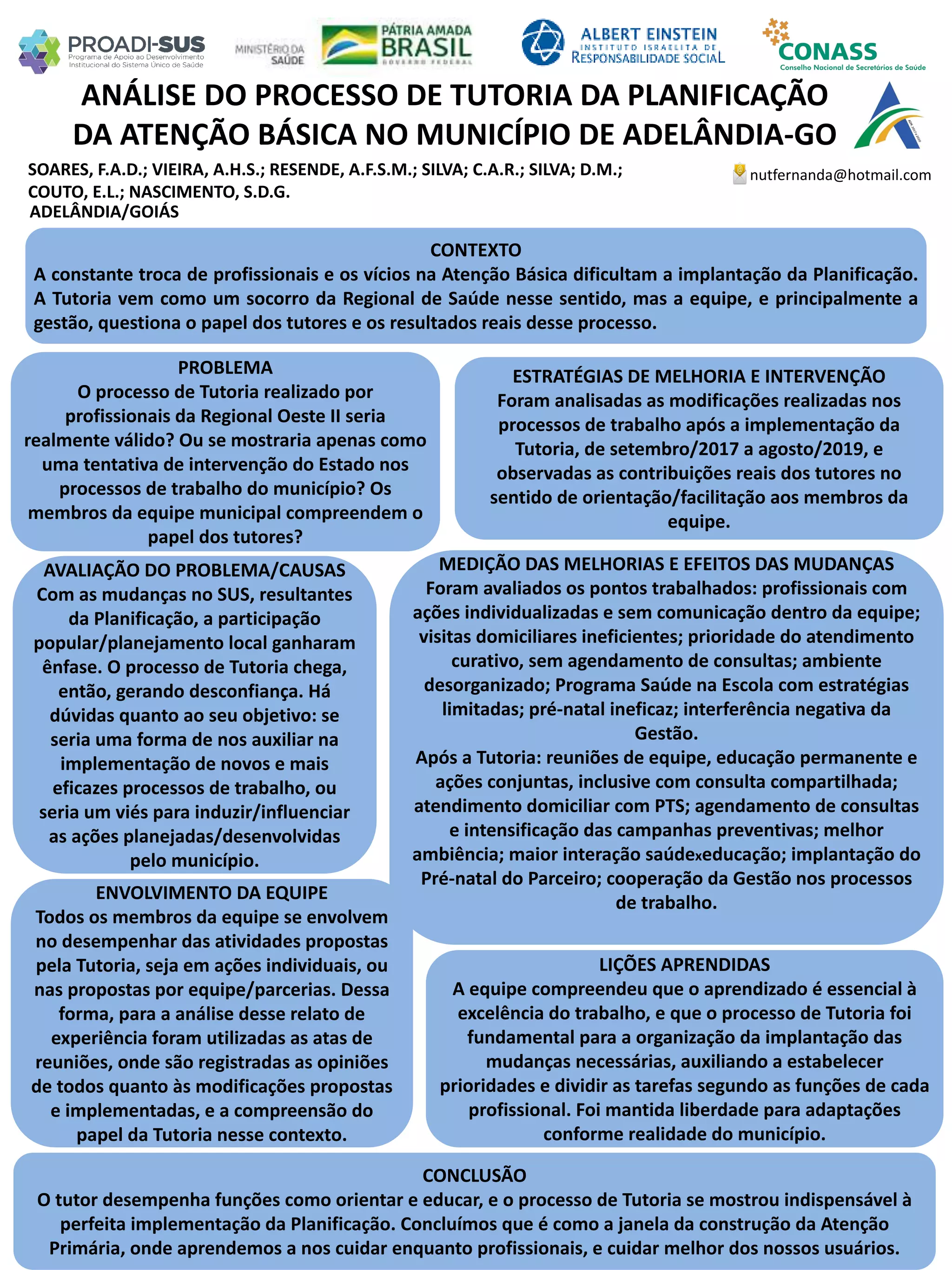 SOARES, F.A.D.; VIEIRA, A.H.S.; RESENDE, A.F.S.M.; SILVA; C.A.R.; SILVA; D.M.;
COUTO, E.L.; NASCIMENTO, S.D.G.
ANÁLISE DO PROCESSO DE TUTORIA DA PLANIFICAÇÃO
DA ATENÇÃO BÁSICA NO MUNICÍPIO DE ADELÂNDIA-GO
PROBLEMA
O processo de Tutoria realizado por
profissionais da Regional Oeste II seria
realmente válido? Ou se mostraria apenas como
uma tentativa de intervenção do Estado nos
processos de trabalho do município? Os
membros da equipe municipal compreendem o
papel dos tutores?
ESTRATÉGIAS DE MELHORIA E INTERVENÇÃO
Foram analisadas as modificações realizadas nos
processos de trabalho após a implementação da
Tutoria, de setembro/2017 a agosto/2019, e
observadas as contribuições reais dos tutores no
sentido de orientação/facilitação aos membros da
equipe.
CONCLUSÃO
O tutor desempenha funções como orientar e educar, e o processo de Tutoria se mostrou indispensável à
perfeita implementação da Planificação. Concluímos que é como a janela da construção da Atenção
Primária, onde aprendemos a nos cuidar enquanto profissionais, e cuidar melhor dos nossos usuários.
nutfernanda@hotmail.com
ADELÂNDIA/GOIÁS
CONTEXTO
A constante troca de profissionais e os vícios na Atenção Básica dificultam a implantação da Planificação.
A Tutoria vem como um socorro da Regional de Saúde nesse sentido, mas a equipe, e principalmente a
gestão, questiona o papel dos tutores e os resultados reais desse processo.
AVALIAÇÃO DO PROBLEMA/CAUSAS
Com as mudanças no SUS, resultantes
da Planificação, a participação
popular/planejamento local ganharam
ênfase. O processo de Tutoria chega,
então, gerando desconfiança. Há
dúvidas quanto ao seu objetivo: se
seria uma forma de nos auxiliar na
implementação de novos e mais
eficazes processos de trabalho, ou
seria um viés para induzir/influenciar
as ações planejadas/desenvolvidas
pelo município.
ENVOLVIMENTO DA EQUIPE
Todos os membros da equipe se envolvem
no desempenhar das atividades propostas
pela Tutoria, seja em ações individuais, ou
nas propostas por equipe/parcerias. Dessa
forma, para a análise desse relato de
experiência foram utilizadas as atas de
reuniões, onde são registradas as opiniões
de todos quanto às modificações propostas
e implementadas, e a compreensão do
papel da Tutoria nesse contexto.
MEDIÇÃO DAS MELHORIAS E EFEITOS DAS MUDANÇAS
Foram avaliados os pontos trabalhados: profissionais com
ações individualizadas e sem comunicação dentro da equipe;
visitas domiciliares ineficientes; prioridade do atendimento
curativo, sem agendamento de consultas; ambiente
desorganizado; Programa Saúde na Escola com estratégias
limitadas; pré-natal ineficaz; interferência negativa da
Gestão.
Após a Tutoria: reuniões de equipe, educação permanente e
ações conjuntas, inclusive com consulta compartilhada;
atendimento domiciliar com PTS; agendamento de consultas
e intensificação das campanhas preventivas; melhor
ambiência; maior interação saúdexeducação; implantação do
Pré-natal do Parceiro; cooperação da Gestão nos processos
de trabalho.
LIÇÕES APRENDIDAS
A equipe compreendeu que o aprendizado é essencial à
excelência do trabalho, e que o processo de Tutoria foi
fundamental para a organização da implantação das
mudanças necessárias, auxiliando a estabelecer
prioridades e dividir as tarefas segundo as funções de cada
profissional. Foi mantida liberdade para adaptações
conforme realidade do município.
 