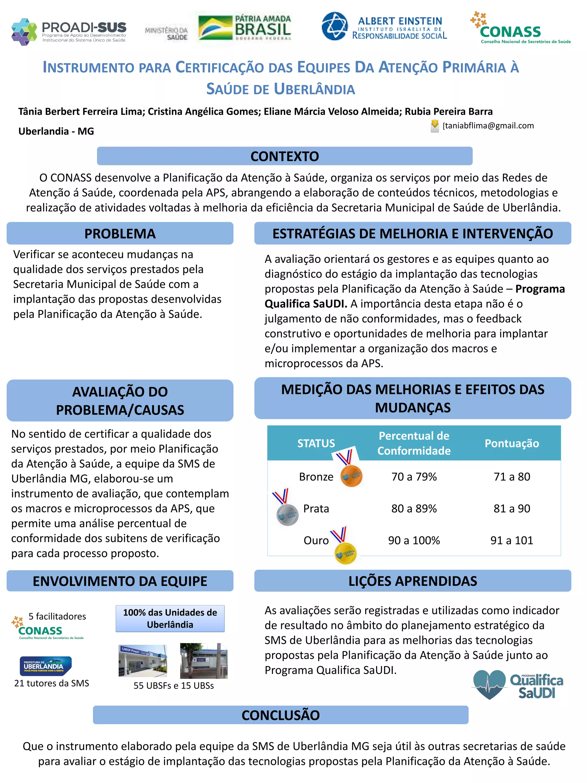 Tânia Berbert Ferreira Lima; Cristina Angélica Gomes; Eliane Márcia Veloso Almeida; Rubia Pereira Barra
INSTRUMENTO PARA CERTIFICAÇÃO DAS EQUIPES DA ATENÇÃO PRIMÁRIA À
SAÚDE DE UBERLÂNDIA
PROBLEMA ESTRATÉGIAS DE MELHORIA E INTERVENÇÃO
CONCLUSÃO
[taniabflima@gmail.com
Uberlandia - MG
CONTEXTO
AVALIAÇÃO DO
PROBLEMA/CAUSAS
ENVOLVIMENTO DA EQUIPE
MEDIÇÃO DAS MELHORIAS E EFEITOS DAS
MUDANÇAS
LIÇÕES APRENDIDAS
O CONASS desenvolve a Planificação da Atenção à Saúde, organiza os serviços por meio das Redes de
Atenção á Saúde, coordenada pela APS, abrangendo a elaboração de conteúdos técnicos, metodologias e
realização de atividades voltadas à melhoria da eficiência da Secretaria Municipal de Saúde de Uberlândia.
Verificar se aconteceu mudanças na
qualidade dos serviços prestados pela
Secretaria Municipal de Saúde com a
implantação das propostas desenvolvidas
pela Planificação da Atenção à Saúde.
No sentido de certificar a qualidade dos
serviços prestados, por meio Planificação
da Atenção à Saúde, a equipe da SMS de
Uberlândia MG, elaborou-se um
instrumento de avaliação, que contemplam
os macros e microprocessos da APS, que
permite uma análise percentual de
conformidade dos subitens de verificação
para cada processo proposto.
STATUS
Percentual de
Conformidade
Pontuação
Bronze 70 a 79% 71 a 80
Prata 80 a 89% 81 a 90
Ouro 90 a 100% 91 a 101
5 facilitadores
21 tutores da SMS 55 UBSFs e 15 UBSs
100% das Unidades de
Uberlândia
Que o instrumento elaborado pela equipe da SMS de Uberlândia MG seja útil às outras secretarias de saúde
para avaliar o estágio de implantação das tecnologias propostas pela Planificação da Atenção à Saúde.
As avaliações serão registradas e utilizadas como indicador
de resultado no âmbito do planejamento estratégico da
SMS de Uberlândia para as melhorias das tecnologias
propostas pela Planificação da Atenção à Saúde junto ao
Programa Qualifica SaUDI.
A avaliação orientará os gestores e as equipes quanto ao
diagnóstico do estágio da implantação das tecnologias
propostas pela Planificação da Atenção à Saúde – Programa
Qualifica SaUDI. A importância desta etapa não é o
julgamento de não conformidades, mas o feedback
construtivo e oportunidades de melhoria para implantar
e/ou implementar a organização dos macros e
microprocessos da APS.
 