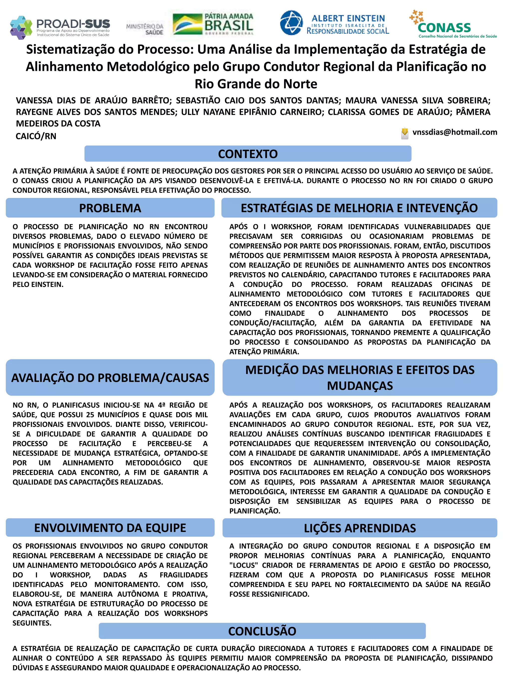 VANESSA DIAS DE ARAÚJO BARRÊTO; SEBASTIÃO CAIO DOS SANTOS DANTAS; MAURA VANESSA SILVA SOBREIRA;
RAYEGNE ALVES DOS SANTOS MENDES; ULLY NAYANE EPIFÂNIO CARNEIRO; CLARISSA GOMES DE ARAÚJO; PÂMERA
MEDEIROS DA COSTA
Sistematização do Processo: Uma Análise da Implementação da Estratégia de
Alinhamento Metodológico pelo Grupo Condutor Regional da Planificação no
Rio Grande do Norte
PROBLEMA ESTRATÉGIAS DE MELHORIA E INTEVENÇÃO
CONCLUSÃO
vnssdias@hotmail.comCAICÓ/RN
CONTEXTO
AVALIAÇÃO DO PROBLEMA/CAUSAS
ENVOLVIMENTO DA EQUIPE
MEDIÇÃO DAS MELHORIAS E EFEITOS DAS
MUDANÇAS
LIÇÕES APRENDIDAS
A ATENÇÃO PRIMÁRIA À SAÚDE É FONTE DE PREOCUPAÇÃO DOS GESTORES POR SER O PRINCIPAL ACESSO DO USUÁRIO AO SERVIÇO DE SAÚDE.
O CONASS CRIOU A PLANIFICAÇÃO DA APS VISANDO DESENVOLVÊ-LA E EFETIVÁ-LA. DURANTE O PROCESSO NO RN FOI CRIADO O GRUPO
CONDUTOR REGIONAL, RESPONSÁVEL PELA EFETIVAÇÃO DO PROCESSO.
O PROCESSO DE PLANIFICAÇÃO NO RN ENCONTROU
DIVERSOS PROBLEMAS, DADO O ELEVADO NÚMERO DE
MUNICÍPIOS E PROFISSIONAIS ENVOLVIDOS, NÃO SENDO
POSSÍVEL GARANTIR AS CONDIÇÕES IDEAIS PREVISTAS SE
CADA WORKSHOP DE FACILITAÇÃO FOSSE FEITO APENAS
LEVANDO-SE EM CONSIDERAÇÃO O MATERIAL FORNECIDO
PELO EINSTEIN.
APÓS O I WORKSHOP, FORAM IDENTIFICADAS VULNERABILIDADES QUE
PRECISAVAM SER CORRIGIDAS OU OCASIONARIAM PROBLEMAS DE
COMPREENSÃO POR PARTE DOS PROFISSIONAIS. FORAM, ENTÃO, DISCUTIDOS
MÉTODOS QUE PERMITISSEM MAIOR RESPOSTA À PROPOSTA APRESENTADA,
COM REALIZAÇÃO DE REUNIÕES DE ALINHAMENTO ANTES DOS ENCONTROS
PREVISTOS NO CALENDÁRIO, CAPACITANDO TUTORES E FACILITADORES PARA
A CONDUÇÃO DO PROCESSO. FORAM REALIZADAS OFICINAS DE
ALINHAMENTO METODOLÓGICO COM TUTORES E FACILITADORES QUE
ANTECEDERAM OS ENCONTROS DOS WORKSHOPS. TAIS REUNIÕES TIVERAM
COMO FINALIDADE O ALINHAMENTO DOS PROCESSOS DE
CONDUÇÃO/FACILITAÇÃO, ALÉM DA GARANTIA DA EFETIVIDADE NA
CAPACITAÇÃO DOS PROFISSIONAIS, TORNANDO PREMENTE A QUALIFICAÇÃO
DO PROCESSO E CONSOLIDANDO AS PROPOSTAS DA PLANIFICAÇÃO DA
ATENÇÃO PRIMÁRIA.
NO RN, O PLANIFICASUS INICIOU-SE NA 4ª REGIÃO DE
SAÚDE, QUE POSSUI 25 MUNICÍPIOS E QUASE DOIS MIL
PROFISSIONAIS ENVOLVIDOS. DIANTE DISSO, VERIFICOU-
SE A DIFICULDADE DE GARANTIR A QUALIDADE DO
PROCESSO DE FACILITAÇÃO E PERCEBEU-SE A
NECESSIDADE DE MUDANÇA ESTRATÉGICA, OPTANDO-SE
POR UM ALINHAMENTO METODOLÓGICO QUE
PRECEDERIA CADA ENCONTRO, A FIM DE GARANTIR A
QUALIDADE DAS CAPACITAÇÕES REALIZADAS.
OS PROFISSIONAIS ENVOLVIDOS NO GRUPO CONDUTOR
REGIONAL PERCEBERAM A NECESSIDADE DE CRIAÇÃO DE
UM ALINHAMENTO METODOLÓGICO APÓS A REALIZAÇÃO
DO I WORKSHOP, DADAS AS FRAGILIDADES
IDENTIFICADAS PELO MONITORAMENTO. COM ISSO,
ELABOROU-SE, DE MANEIRA AUTÔNOMA E PROATIVA,
NOVA ESTRATÉGIA DE ESTRUTURAÇÃO DO PROCESSO DE
CAPACITAÇÃO PARA A REALIZAÇÃO DOS WORKSHOPS
SEGUINTES.
APÓS A REALIZAÇÃO DOS WORKSHOPS, OS FACILITADORES REALIZARAM
AVALIAÇÕES EM CADA GRUPO, CUJOS PRODUTOS AVALIATIVOS FORAM
ENCAMINHADOS AO GRUPO CONDUTOR REGIONAL. ESTE, POR SUA VEZ,
REALIZOU ANÁLISES CONTÍNUAS BUSCANDO IDENTIFICAR FRAGILIDADES E
POTENCIALIDADES QUE REQUERESSEM INTERVENÇÃO OU CONSOLIDAÇÃO,
COM A FINALIDADE DE GARANTIR UNANIMIDADE. APÓS A IMPLEMENTAÇÃO
DOS ENCONTROS DE ALINHAMENTO, OBSERVOU-SE MAIOR RESPOSTA
POSITIVA DOS FACILITADORES EM RELAÇÃO A CONDUÇÃO DOS WORKSHOPS
COM AS EQUIPES, POIS PASSARAM A APRESENTAR MAIOR SEGURANÇA
METODOLÓGICA, INTERESSE EM GARANTIR A QUALIDADE DA CONDUÇÃO E
DISPOSIÇÃO EM SENSIBILIZAR AS EQUIPES PARA O PROCESSO DE
PLANIFICAÇÃO.
A INTEGRAÇÃO DO GRUPO CONDUTOR REGIONAL E A DISPOSIÇÃO EM
PROPOR MELHORIAS CONTÍNUAS PARA A PLANIFICAÇÃO, ENQUANTO
"LOCUS" CRIADOR DE FERRAMENTAS DE APOIO E GESTÃO DO PROCESSO,
FIZERAM COM QUE A PROPOSTA DO PLANIFICASUS FOSSE MELHOR
COMPREENDIDA E SEU PAPEL NO FORTALECIMENTO DA SAÚDE NA REGIÃO
FOSSE RESSIGNIFICADO.
A ESTRATÉGIA DE REALIZAÇÃO DE CAPACITAÇÃO DE CURTA DURAÇÃO DIRECIONADA A TUTORES E FACILITADORES COM A FINALIDADE DE
ALINHAR O CONTEÚDO A SER REPASSADO ÀS EQUIPES PERMITIU MAIOR COMPREENSÃO DA PROPOSTA DE PLANIFICAÇÃO, DISSIPANDO
DÚVIDAS E ASSEGURANDO MAIOR QUALIDADE E OPERACIONALIZAÇÃO AO PROCESSO.
 