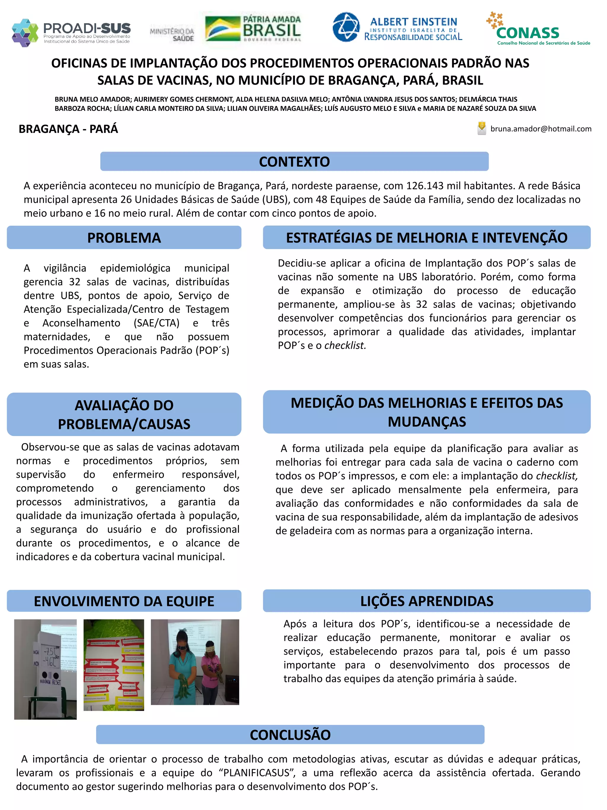 BRUNA MELO AMADOR; AURIMERY GOMES CHERMONT, ALDA HELENA DASILVA MELO; ANTÔNIA LYANDRA JESUS DOS SANTOS; DELMÁRCIA THAIS
BARBOZA ROCHA; LÍLIAN CARLA MONTEIRO DA SILVA; LILIAN OLIVEIRA MAGALHÃES; LUÍS AUGUSTO MELO E SILVA e MARIA DE NAZARÉ SOUZA DA SILVA
OFICINAS DE IMPLANTAÇÃO DOS PROCEDIMENTOS OPERACIONAIS PADRÃO NAS
SALAS DE VACINAS, NO MUNICÍPIO DE BRAGANÇA, PARÁ, BRASIL
PROBLEMA ESTRATÉGIAS DE MELHORIA E INTEVENÇÃO
CONCLUSÃO
bruna.amador@hotmail.comBRAGANÇA - PARÁ
CONTEXTO
AVALIAÇÃO DO
PROBLEMA/CAUSAS
ENVOLVIMENTO DA EQUIPE
MEDIÇÃO DAS MELHORIAS E EFEITOS DAS
MUDANÇAS
LIÇÕES APRENDIDAS
A experiência aconteceu no município de Bragança, Pará, nordeste paraense, com 126.143 mil habitantes. A rede Básica
municipal apresenta 26 Unidades Básicas de Saúde (UBS), com 48 Equipes de Saúde da Família, sendo dez localizadas no
meio urbano e 16 no meio rural. Além de contar com cinco pontos de apoio.
A vigilância epidemiológica municipal
gerencia 32 salas de vacinas, distribuídas
dentre UBS, pontos de apoio, Serviço de
Atenção Especializada/Centro de Testagem
e Aconselhamento (SAE/CTA) e três
maternidades, e que não possuem
Procedimentos Operacionais Padrão (POP´s)
em suas salas.
Decidiu-se aplicar a oficina de Implantação dos POP´s salas de
vacinas não somente na UBS laboratório. Porém, como forma
de expansão e otimização do processo de educação
permanente, ampliou-se às 32 salas de vacinas; objetivando
desenvolver competências dos funcionários para gerenciar os
processos, aprimorar a qualidade das atividades, implantar
POP´s e o checklist.
Observou-se que as salas de vacinas adotavam
normas e procedimentos próprios, sem
supervisão do enfermeiro responsável,
comprometendo o gerenciamento dos
processos administrativos, a garantia da
qualidade da imunização ofertada à população,
a segurança do usuário e do profissional
durante os procedimentos, e o alcance de
indicadores e da cobertura vacinal municipal.
A forma utilizada pela equipe da planificação para avaliar as
melhorias foi entregar para cada sala de vacina o caderno com
todos os POP´s impressos, e com ele: a implantação do checklist,
que deve ser aplicado mensalmente pela enfermeira, para
avaliação das conformidades e não conformidades da sala de
vacina de sua responsabilidade, além da implantação de adesivos
de geladeira com as normas para a organização interna.
Após a leitura dos POP´s, identificou-se a necessidade de
realizar educação permanente, monitorar e avaliar os
serviços, estabelecendo prazos para tal, pois é um passo
importante para o desenvolvimento dos processos de
trabalho das equipes da atenção primária à saúde.
A importância de orientar o processo de trabalho com metodologias ativas, escutar as dúvidas e adequar práticas,
levaram os profissionais e a equipe do “PLANIFICASUS”, a uma reflexão acerca da assistência ofertada. Gerando
documento ao gestor sugerindo melhorias para o desenvolvimento dos POP´s.
 