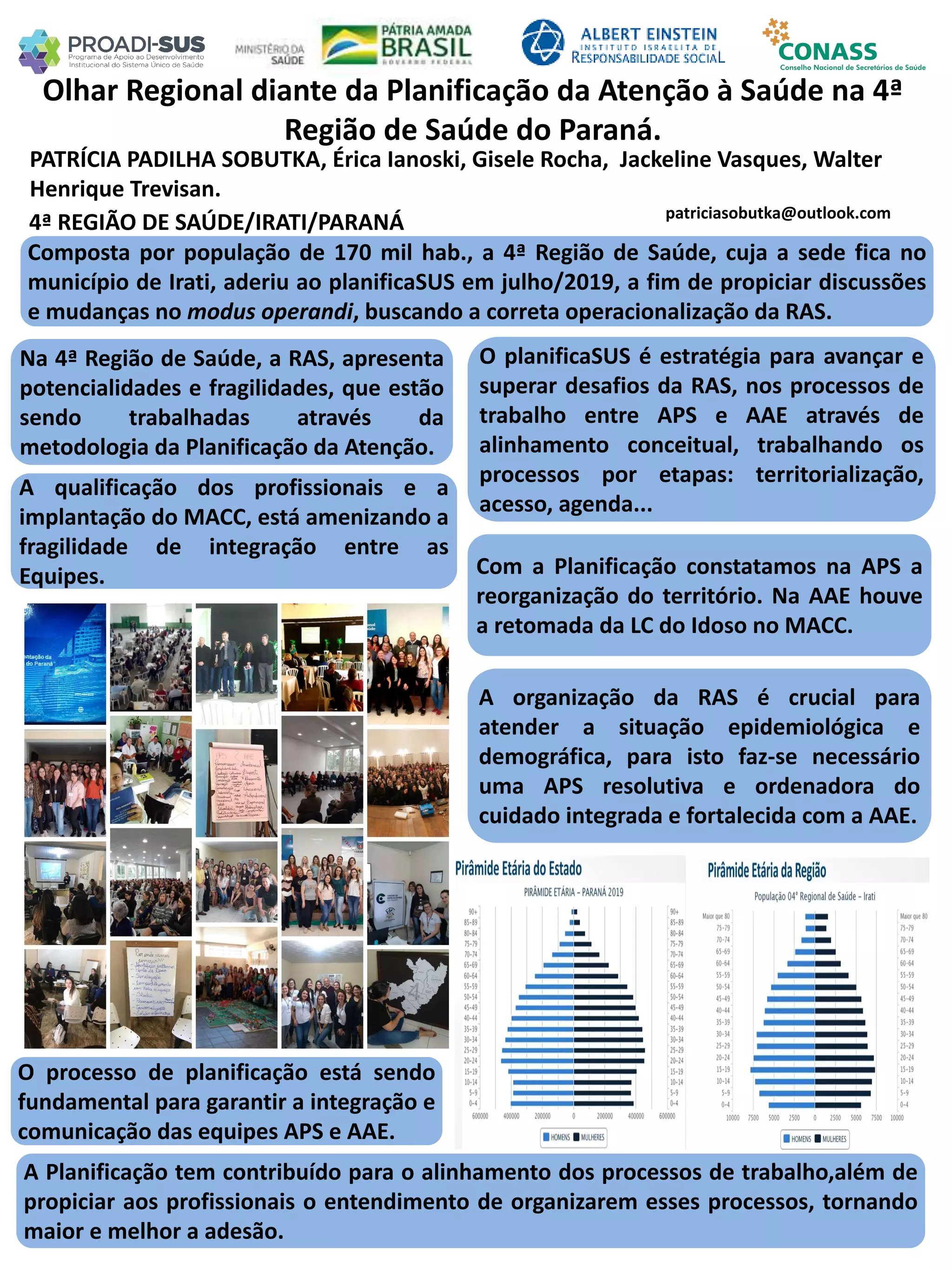 PATRÍCIA PADILHA SOBUTKA, Érica Ianoski, Gisele Rocha, Jackeline Vasques, Walter
Henrique Trevisan.
Olhar Regional diante da Planificação da Atenção à Saúde na 4ª
Região de Saúde do Paraná.
Na 4ª Região de Saúde, a RAS, apresenta
potencialidades e fragilidades, que estão
sendo trabalhadas através da
metodologia da Planificação da Atenção.
O planificaSUS é estratégia para avançar e
superar desafios da RAS, nos processos de
trabalho entre APS e AAE através de
alinhamento conceitual, trabalhando os
processos por etapas: territorialização,
acesso, agenda...
A Planificação tem contribuído para o alinhamento dos processos de trabalho,além de
propiciar aos profissionais o entendimento de organizarem esses processos, tornando
maior e melhor a adesão.
patriciasobutka@outlook.com
4ª REGIÃO DE SAÚDE/IRATI/PARANÁ
Composta por população de 170 mil hab., a 4ª Região de Saúde, cuja a sede fica no
município de Irati, aderiu ao planificaSUS em julho/2019, a fim de propiciar discussões
e mudanças no modus operandi, buscando a correta operacionalização da RAS.
A qualificação dos profissionais e a
implantação do MACC, está amenizando a
fragilidade de integração entre as
Equipes.
O processo de planificação está sendo
fundamental para garantir a integração e
comunicação das equipes APS e AAE.
Com a Planificação constatamos na APS a
reorganização do território. Na AAE houve
a retomada da LC do Idoso no MACC.
A organização da RAS é crucial para
atender a situação epidemiológica e
demográfica, para isto faz-se necessário
uma APS resolutiva e ordenadora do
cuidado integrada e fortalecida com a AAE.
 