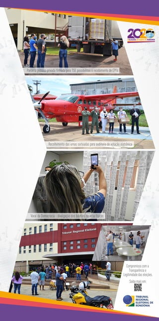 Parceria público-privada firmada pelo TSE possibilitou o recebimento de EPI’s
Recolhimento das urnas sorteadas para auditoria de votação eletrônica
Varal da Democracia - divulgação dos boletins de urna físicos
#ELEIÇÕES EM TEMPO DE PANDEMIA
Compromisso com a
Transparência e
Legitimidade das eleições.
Saiba mais em:
 
