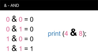 & - AND
0 & 0 = 0
0 & 1 = 0
1 & 0 = 0
1 & 1 = 1
print (4 & 8);
 