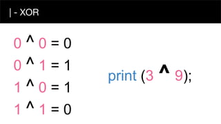 | - XOR
0 ^ 0 = 0
0 ^ 1 = 1
1 ^ 0 = 1
1 ^ 1 = 0
print (3 ^ 9);
 