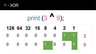128 64 32 16 8 4 2 1
0 0 0 0 0 0 1 1 3
0 0 0 0 1 0 0 1 9
print (3 ^ 9);
^ - XOR
 