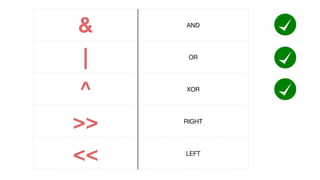 & AND
| OR
^ XOR
>> RIGHT
<< LEFT
 