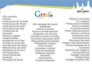 Sin conexión
Tareas
Vista previa de Youtube
Vista previa de Picasa
Vista previa de Flickr
Vista previa de Yelp
Traducción de
mensajes
Enlaces rápidos
Superestrellas
Imagenes en el chat
Fuente de ancho fijo
Combinación de teclas
Movimientos del ratón
Retoques de la firma
Firma aleatoria
Zona horaria del
remitente
Formatos de fecha


Marcar como leída
Ir a etiqueta
Vista previa recibidos
Varios recibidos
Crear documento
Filtro importar/exportar
Enviar y archivar
Deshacer envío
Ubicación firma
Retoques del título
Sugerir mas destinatarios
Autocompletado de la
busqueda
Inserción de imágenes
Emoji adicional
Gadget Calendar
Gadget Docs
Gadget mediante URL


Sin mensaje de estado
OldSnake
Adicto al correo
Chat en el lado derecho
Etiquetas a la derecha
Ocultar recuento no leídos
Controles avanzados IMAP
Respuestas prediseñadas
“Responder a todos”
Citar el texto
Arrastrar y colocar
Test de facultades
Detector adjuntos
olvidados
Vacaciones
Colores etiquetas


 