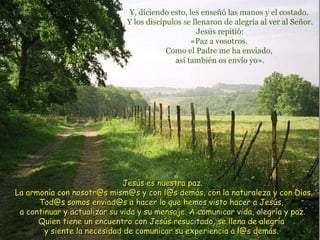 Y, diciendo esto, les enseñó las manos y el costado.  Y los discípulos se llenaron de alegría al ver al Señor. Jesús repitió: «Paz a vosotros.  Como el Padre me ha enviado,  así también os envío yo». Jesús es nuestra paz.  La armonía con nosotr@s mism@s y con l@s demás, con la naturaleza y con Dios. Tod@s somos enviad@s a hacer lo que hemos visto hacer a Jesús,  a continuar y actualizar su vida y su mensaje. A comunicar vida, alegría y paz. Quien tiene un encuentro con Jesús resucitado, se llena de alegría  y siente la necesidad de comunicar su experiencia a l@s demás.  