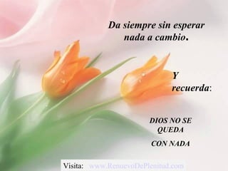 Da siempre sin esperar
               nada a cambio.


                             Y
                             recuerda:


                       DIOS NO SE
                         QUEDA
                        CON NADA

Visita: www.RenuevoDePlenitud.com
 