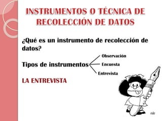 ¿Qué es un instrumento de recolección de
datos?
Observación

Tipos de instrumentos

Encuesta
Entrevista

LA ENTREVISTA

 