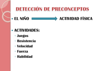 

EL NIÑO



ACTIVIDADES:
◦
◦
◦
◦
◦

Juegos
Resistencia
Velocidad
Fuerza
Habilidad

ACTIVIDAD FÍSICA

 