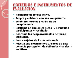







Participar de forma activa.
Acepta y colabora con sus compañeros.
Establece normas y cuida de su
cumplimiento.
Participa en cualquier juego y aceptando
participantes y resultado.
Coordina los desplazamientos de forma
adecuada.
Lanza objetos de forma adecuada.
Adecua sus movimientos a través de una
correcta percepción de estímulos visuales y
auditivos.

 